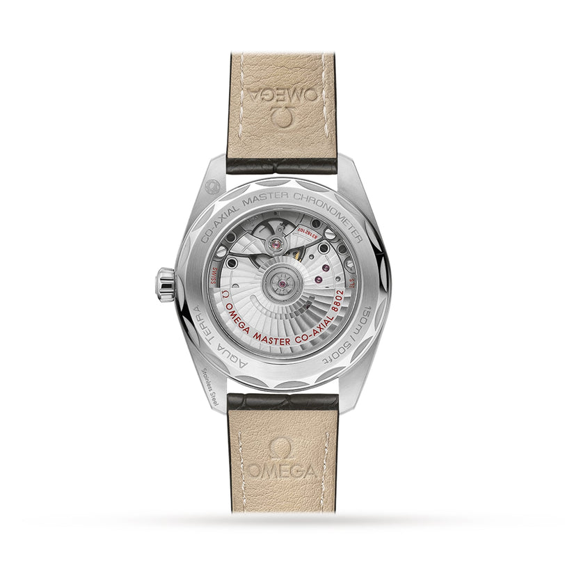 Back view of the OMEGA Seamaster Aqua Terra 150M featuring a transparent case back, visible movement, and beige leather strap with OMEGA branding—reflecting the brand’s maritime heritage.