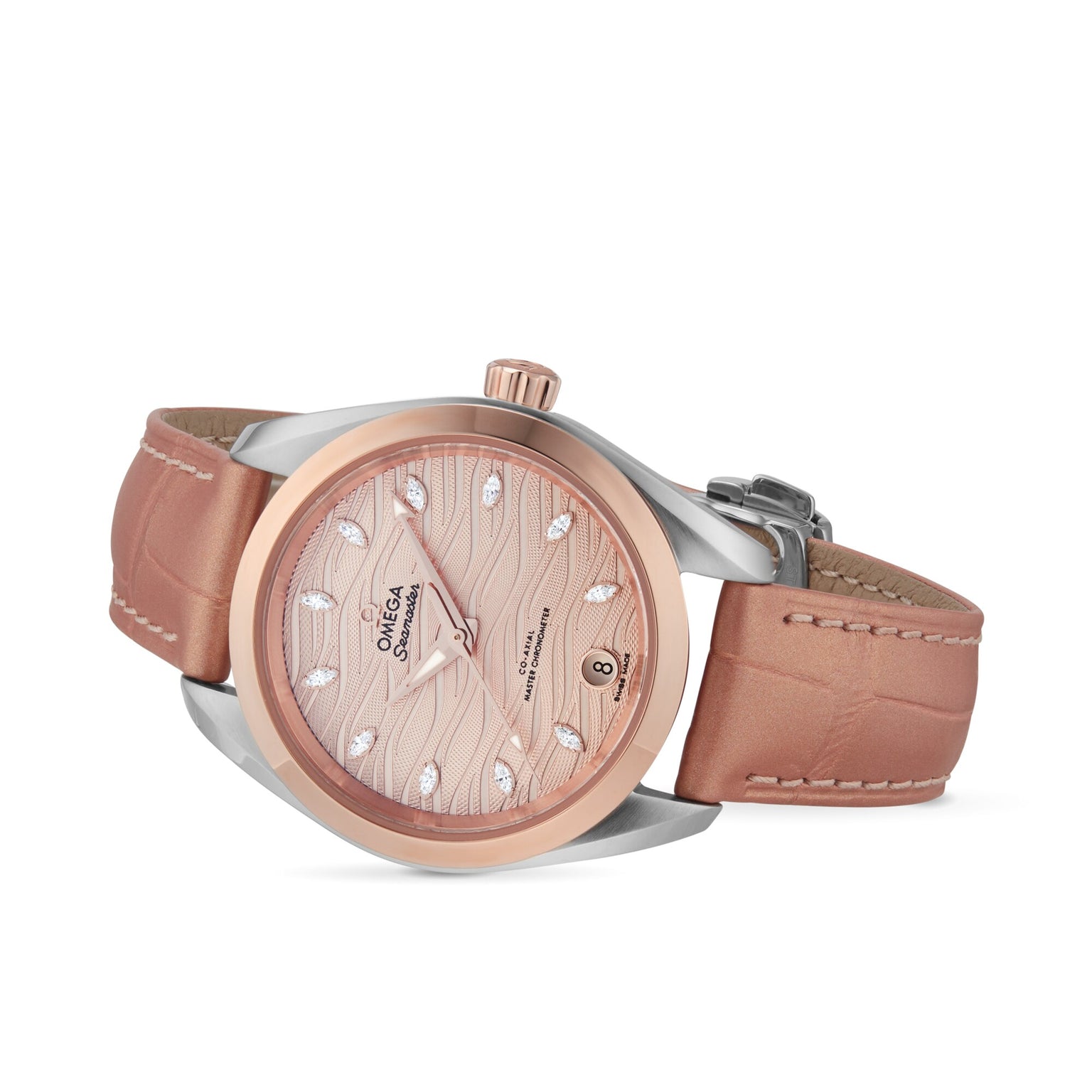 The OMEGA Seamaster Aqua Terra 150M boasts a pink leather strap, two-tone rose gold and silver case, patterned pink dial with diamond hour markers, date at 6 o’clock, and is crafted to Master Chronometer standards.