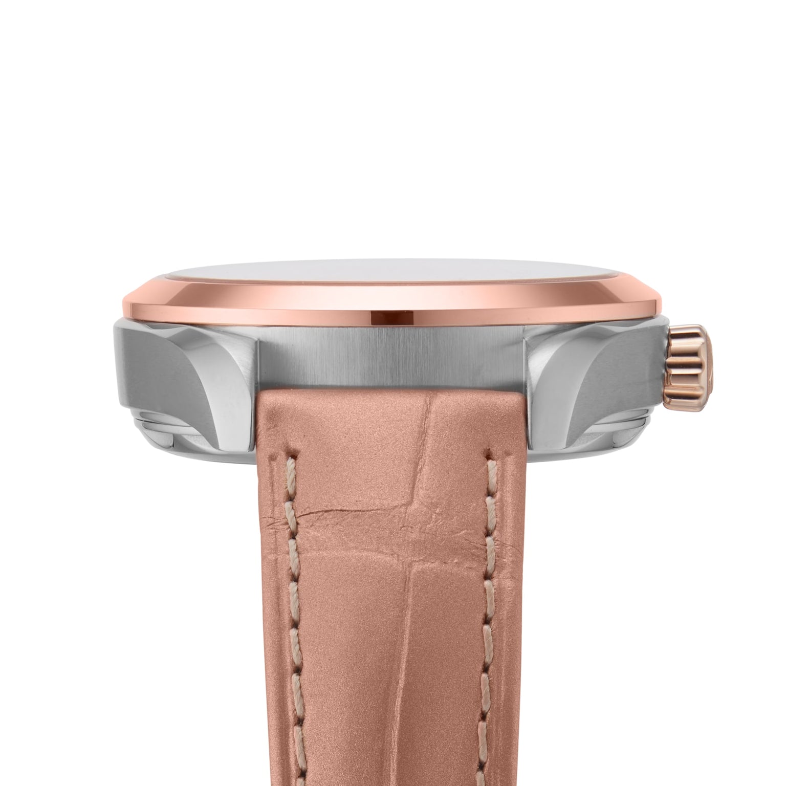 Side view of an OMEGA Seamaster Aqua Terra 150M with a rose gold bezel, silver case, and light brown leather strap showcasing visible stitching.