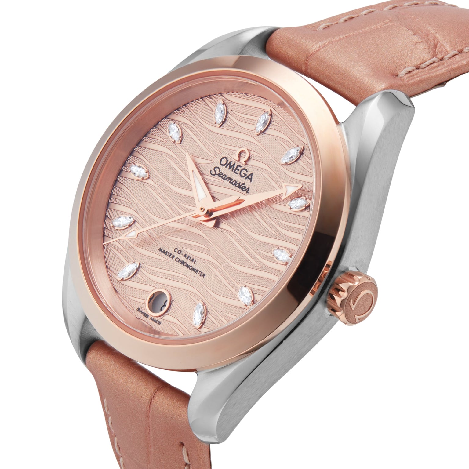 Close-up of an OMEGA Seamaster Aqua Terra 150M wristwatch with a pink leather strap, rose gold bezel, and a textured pink dial adorned with marquise-cut diamond hour markers.