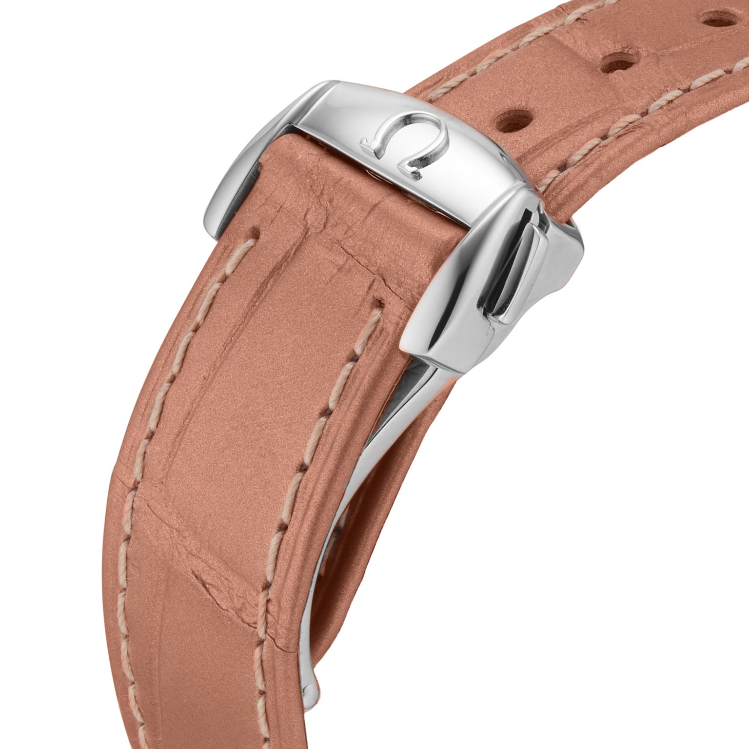 Close-up of a light brown leather watch strap with white stitching and a silver OMEGA deployment clasp, perfectly complementing the timeless elegance of the OMEGA Seamaster Aqua Terra 150M.