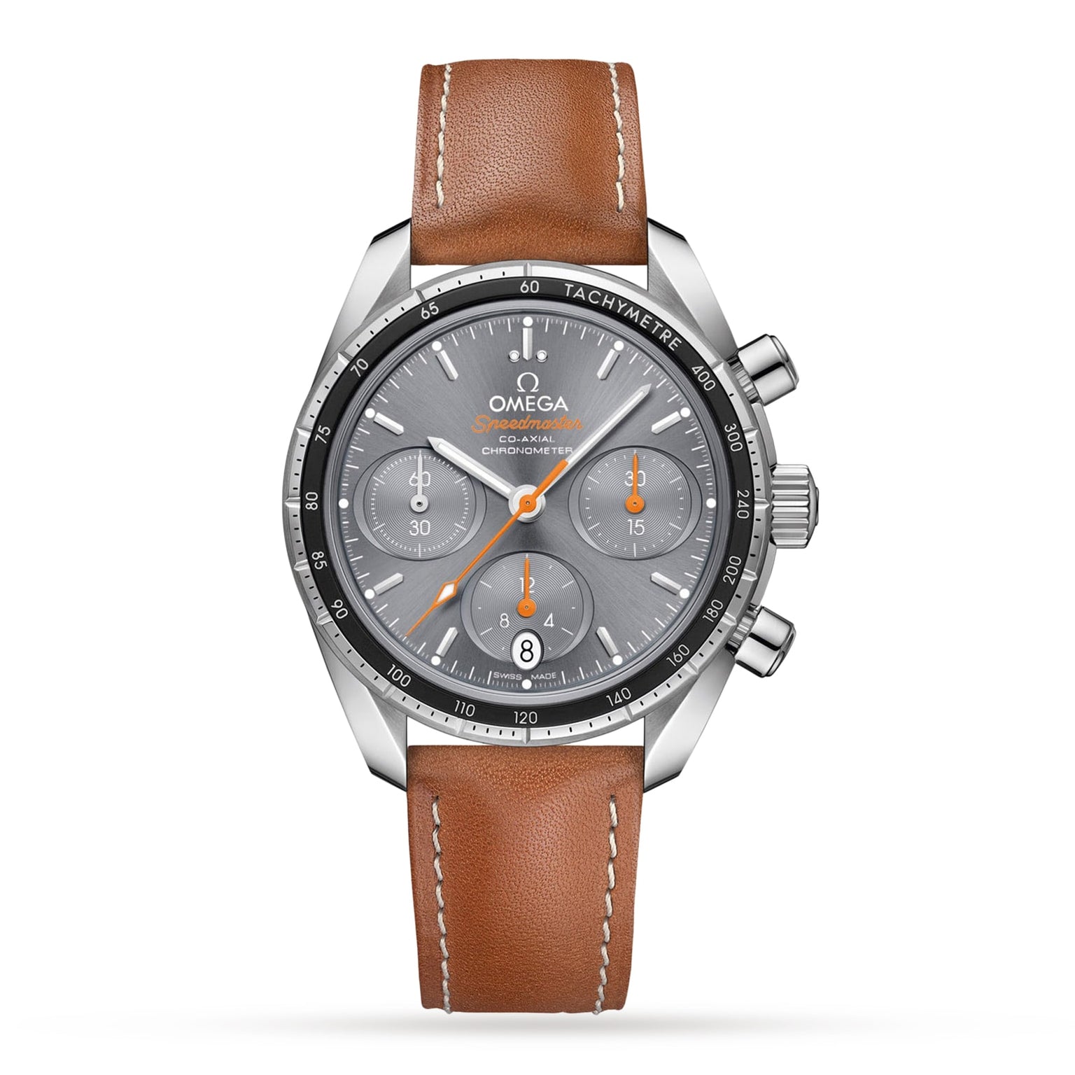 The OMEGA Speedmaster 38 features a stainless steel case, gray dial with three subdials, brown leather strap, and tachymeter bezel for a sporty look, shown on a white background.