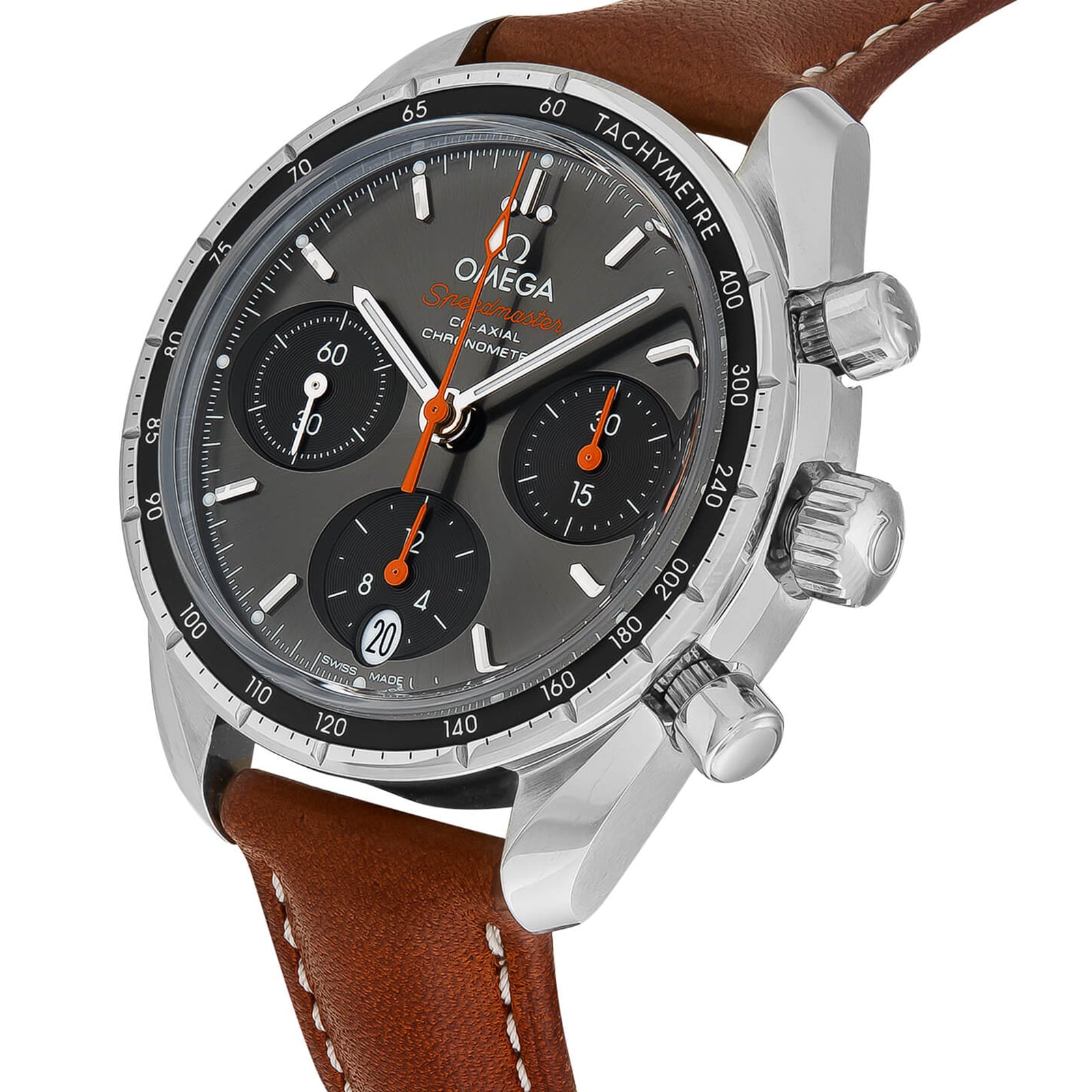 OMEGA Speedmaster 38: A stainless steel chronograph watch with a sporty, stylish design, brown leather strap, black dial, three sub-dials, date display, and tachymeter bezel markings.