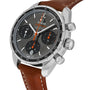 OMEGA Speedmaster 38: A stainless steel chronograph watch with a sporty, stylish design, brown leather strap, black dial, three sub-dials, date display, and tachymeter bezel markings.