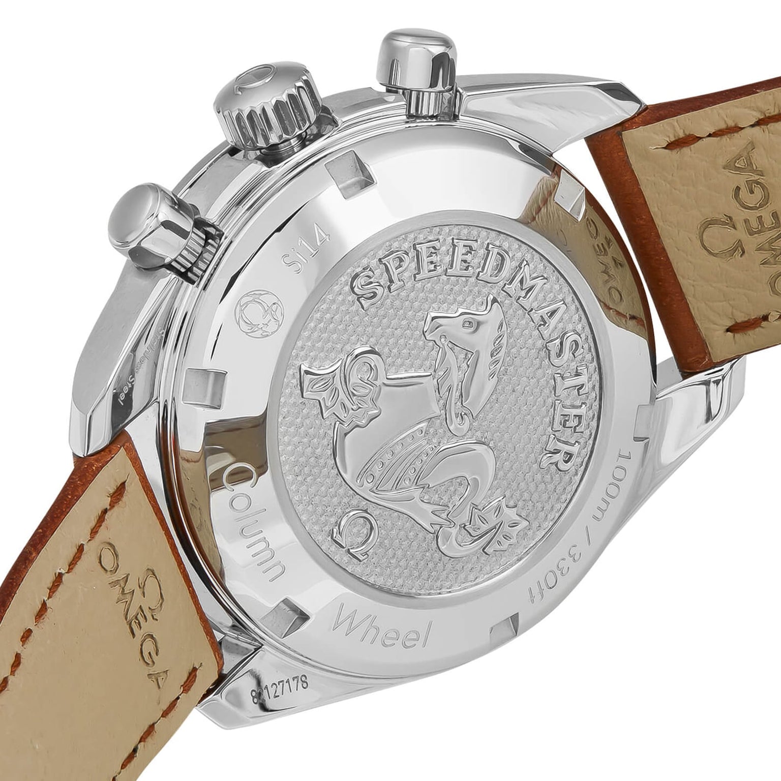 Close-up of the back of an OMEGA Speedmaster 38, featuring its engraved logo, brown leather strap, and refined stainless steel case details.