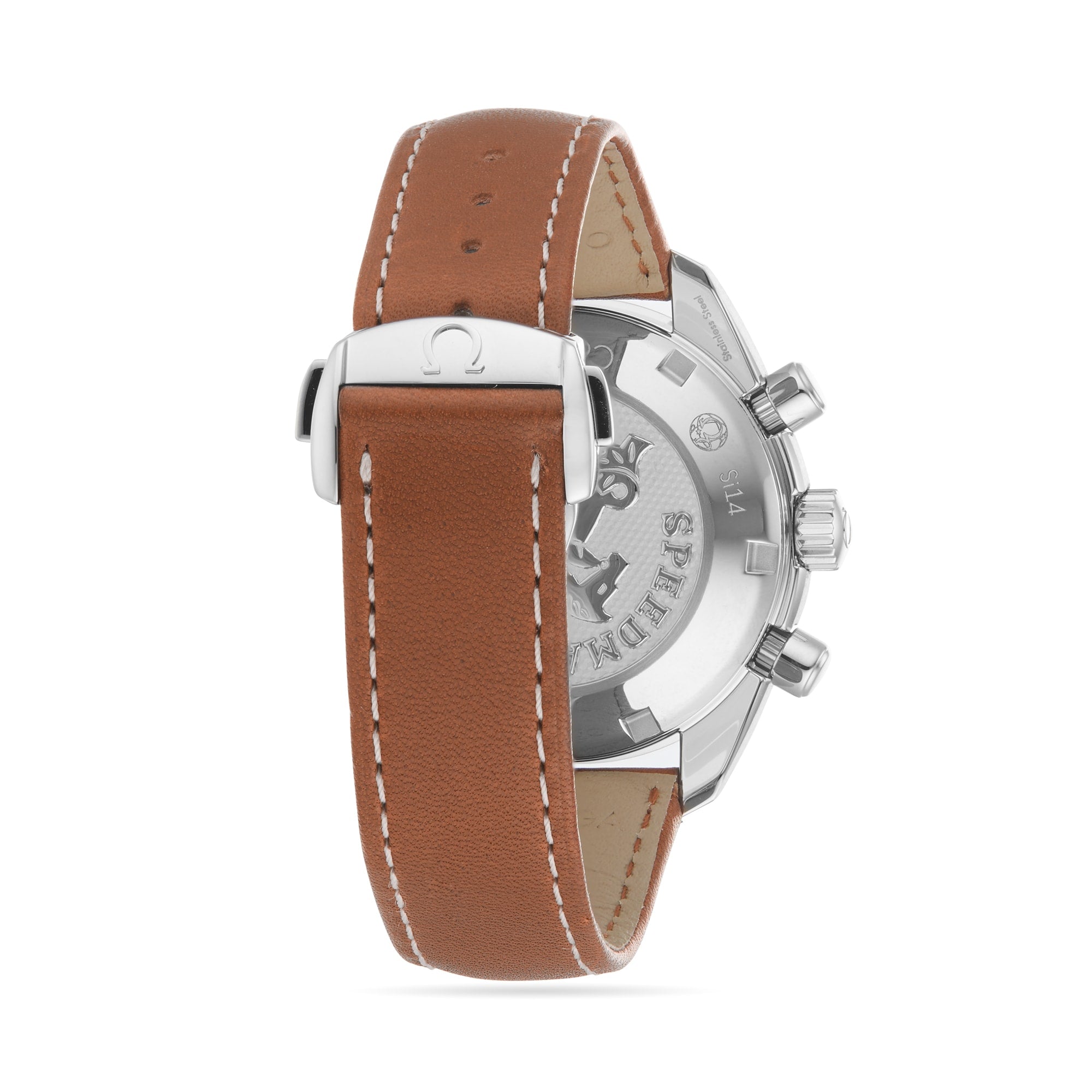 A close-up of the OMEGA Speedmaster 38 showcases its sporty, stylish design with a brown leather strap, silver buckle, and detailed case engravings.