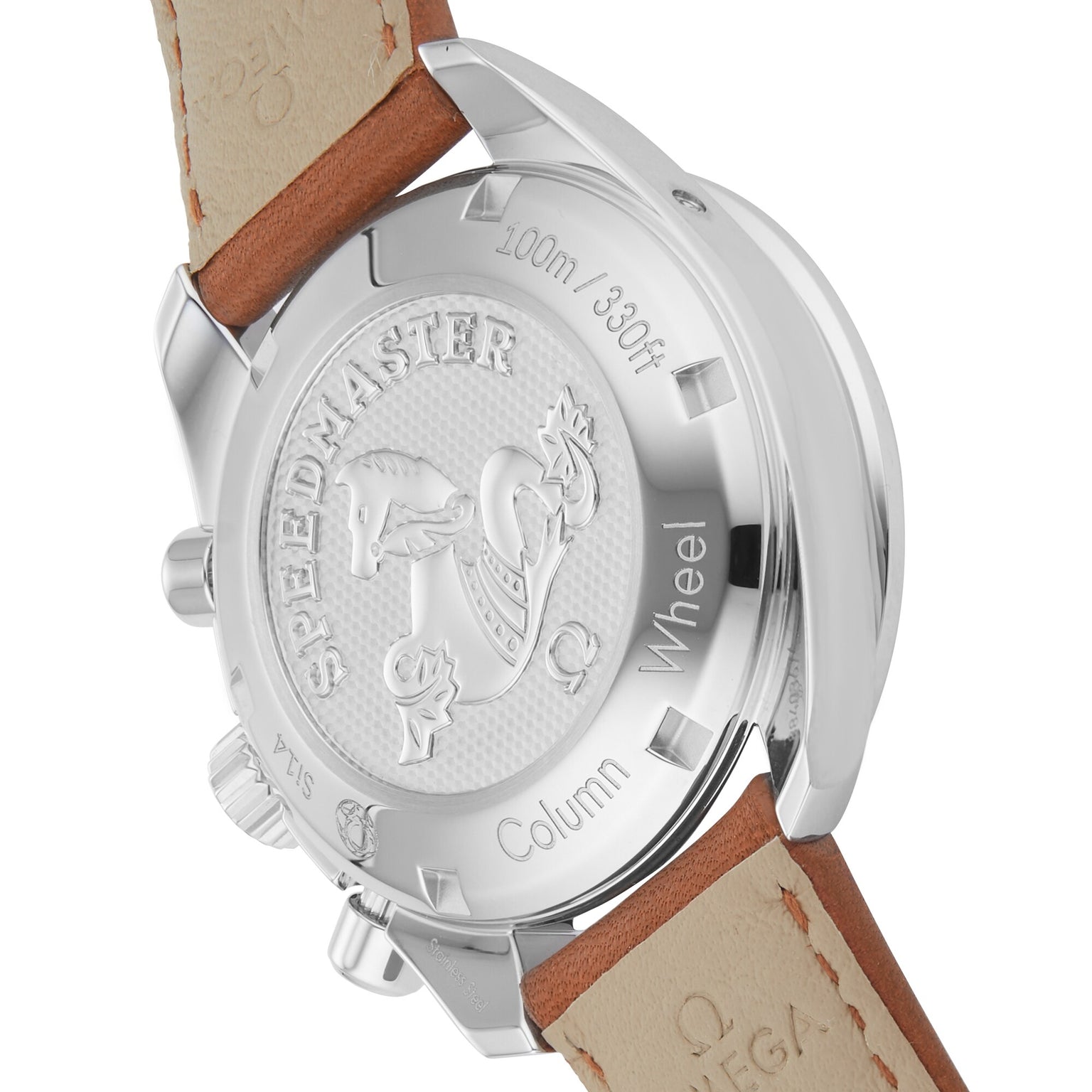 Close-up of the OMEGA Speedmaster 38’s caseback highlighting its sporty design, engraved logo and text, 100m/330ft water resistance, brown leather strap, and precise 3330 calibre movement.