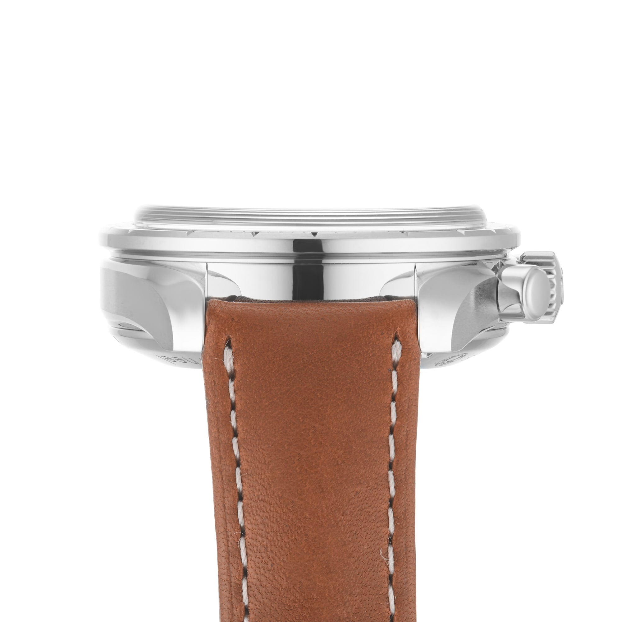 Side view of the OMEGA Speedmaster 38, featuring a silver round case, textured crown, and brown leather strap with visible stitching, highlighting its sporty and stylish design.