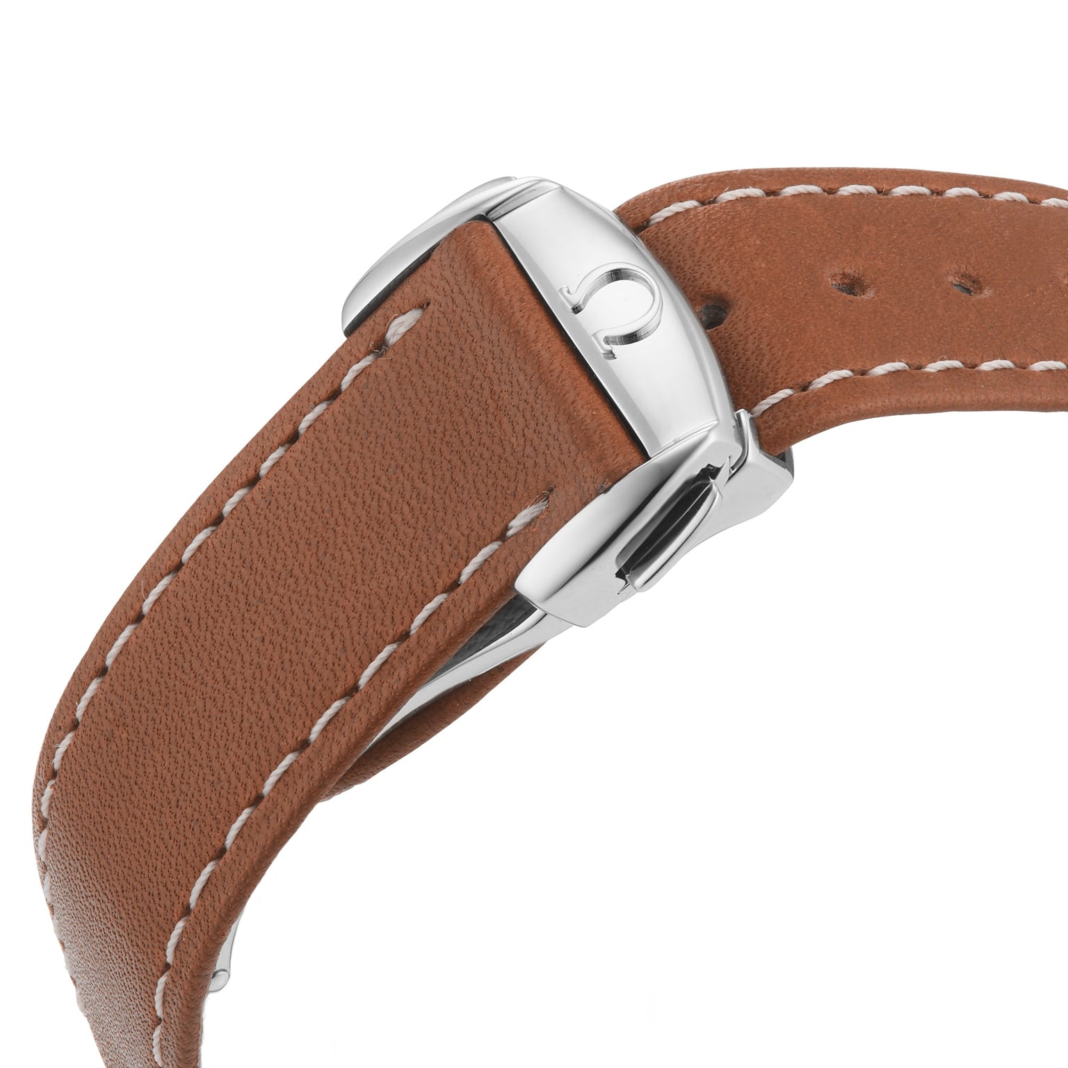Close-up of a brown leather strap with white stitching and a silver deployment clasp, enhancing the sporty look of the OMEGA Speedmaster 38, which features the advanced 3330 calibre movement.