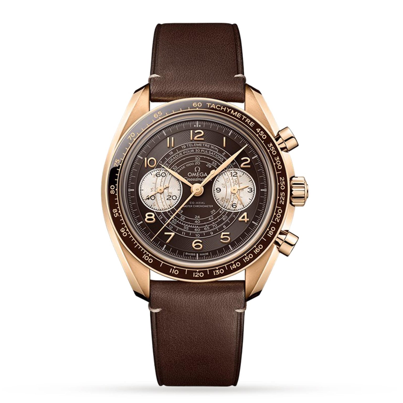 An OMEGA Speedmaster Chronoscope with a gold and brown case, black dial, tachymeter bezel, two subdials, and a brown leather strap is photographed on a white background—highlighting its vintage design.