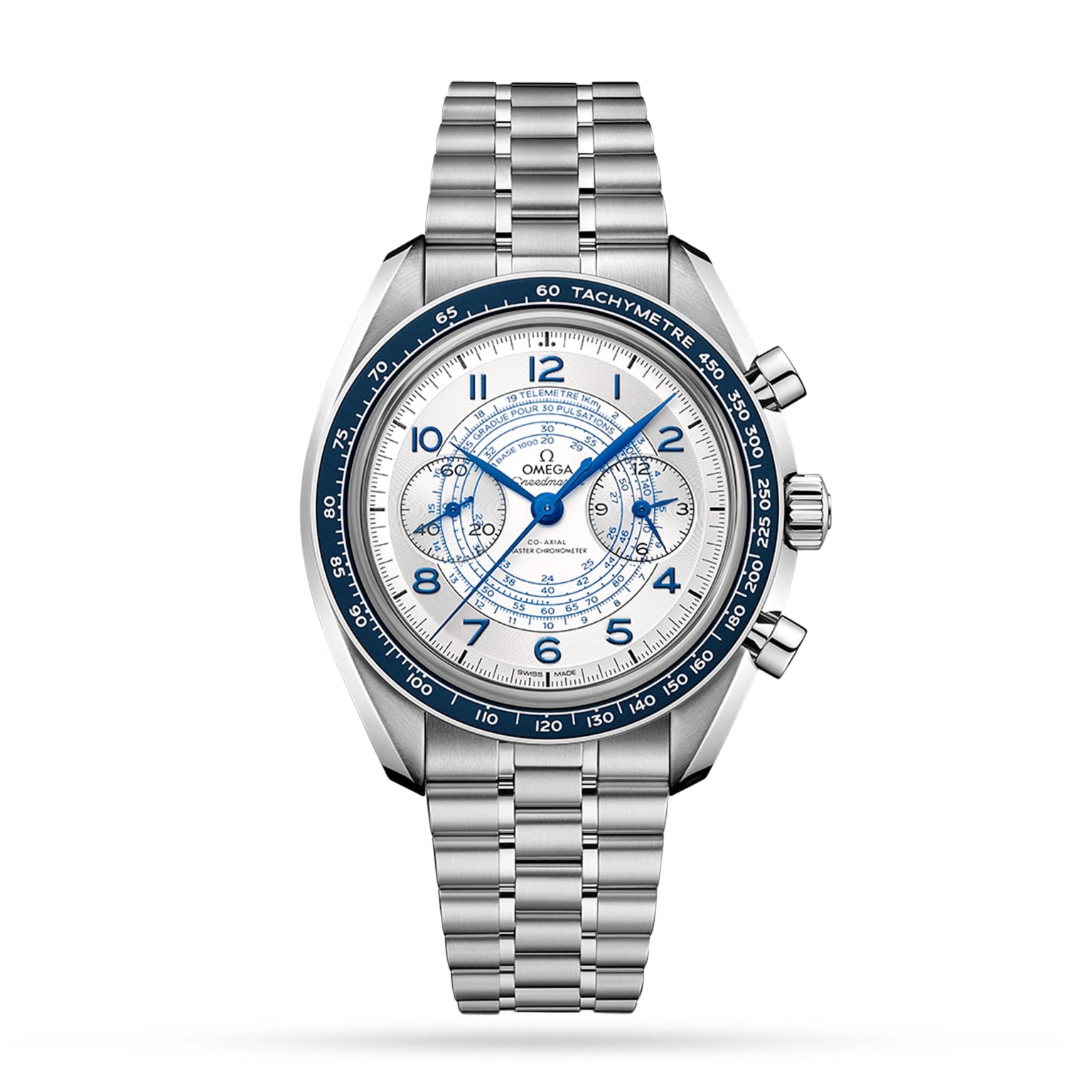 An OMEGA Speedmaster Chronoscope wristwatch with a white and blue tachymeter dial, blue accents, chronograph subdials, and a stainless steel link bracelet, shown on a white background.