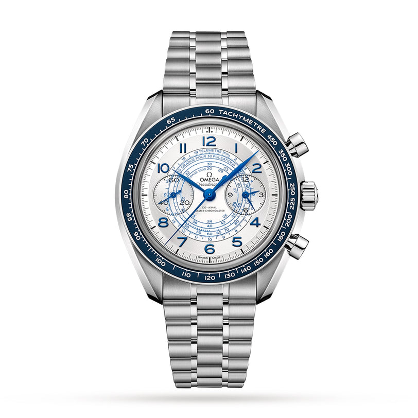 An OMEGA Speedmaster Chronoscope wristwatch with a white and blue tachymeter dial, blue accents, chronograph subdials, and a stainless steel link bracelet, shown on a white background.