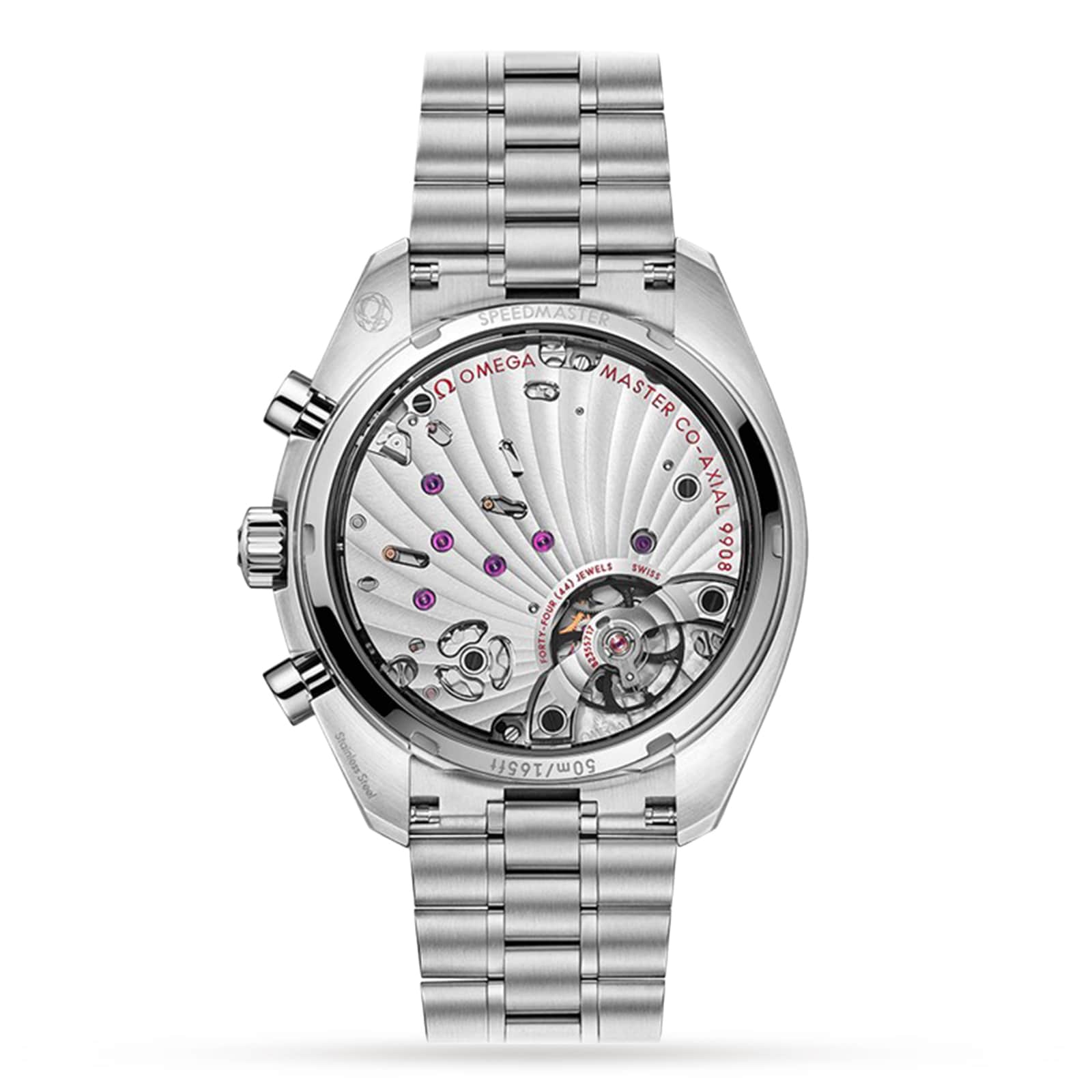 Back view of the OMEGA Speedmaster Chronoscope, featuring an exposed movement and detailed mechanics visible through a transparent case back, complemented by a stainless steel bracelet.