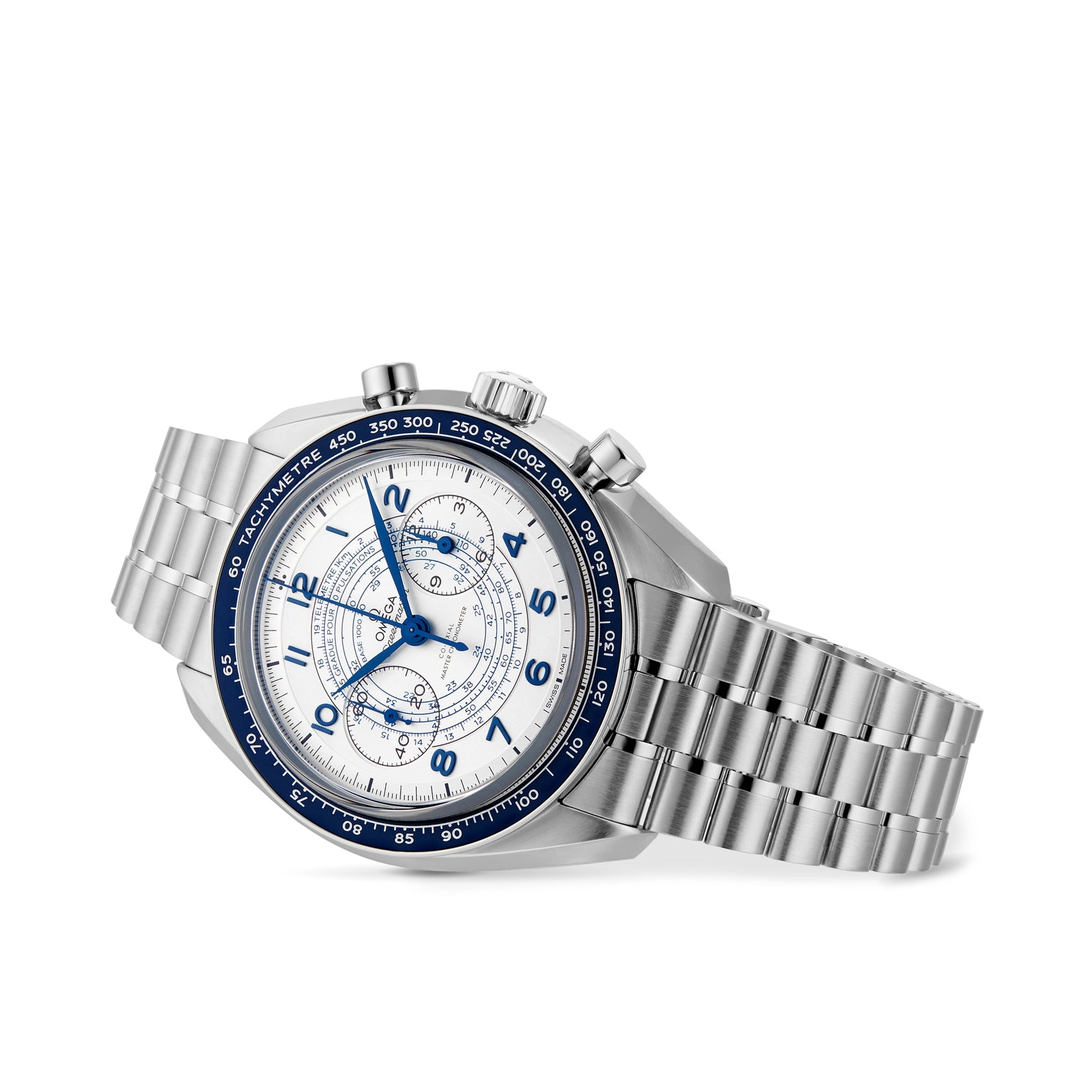 The OMEGA Speedmaster Chronoscope features a stainless steel case, silver and blue tachymeter bezel, white dial with blue markers, and a metal link bracelet, shown at an angle.