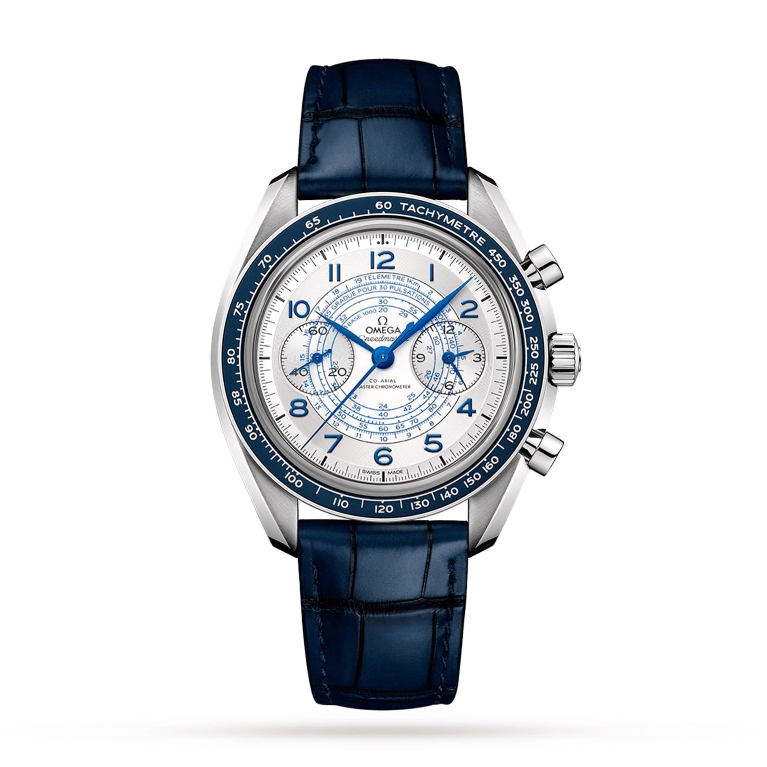 The OMEGA Speedmaster Chronoscope features a stainless steel case, white dial with blue accents, three subdials, tachymeter bezel, and a blue alligator leather strap—highlighting Chronoscope functions and 1940s-inspired design.