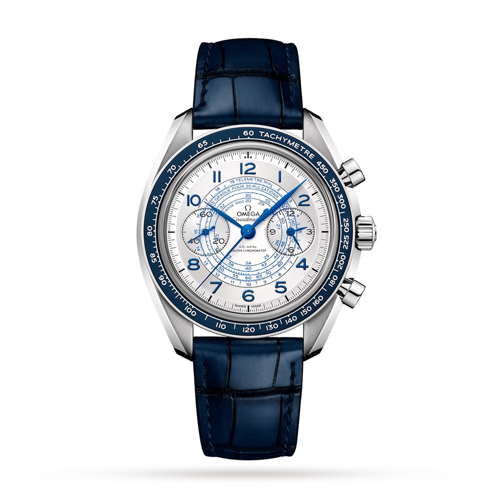 The OMEGA Speedmaster Chronoscope features a stainless steel case, white dial with blue accents, three subdials, tachymeter bezel, and a blue alligator leather strap—highlighting Chronoscope functions and 1940s-inspired design.
