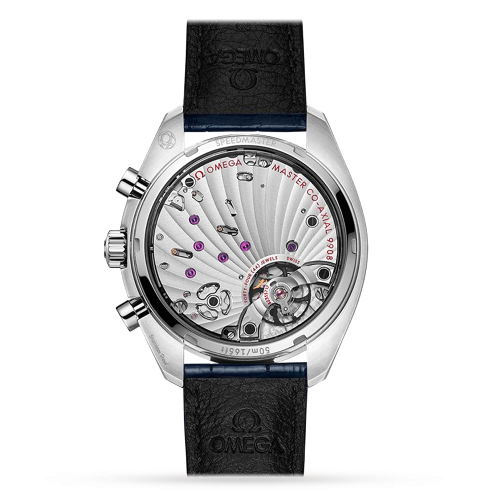 Back view of the OMEGA Speedmaster Chronoscope shows its intricate movement and engravings through a transparent case back, paired with a black leather strap and inspired by classic 1940s design.