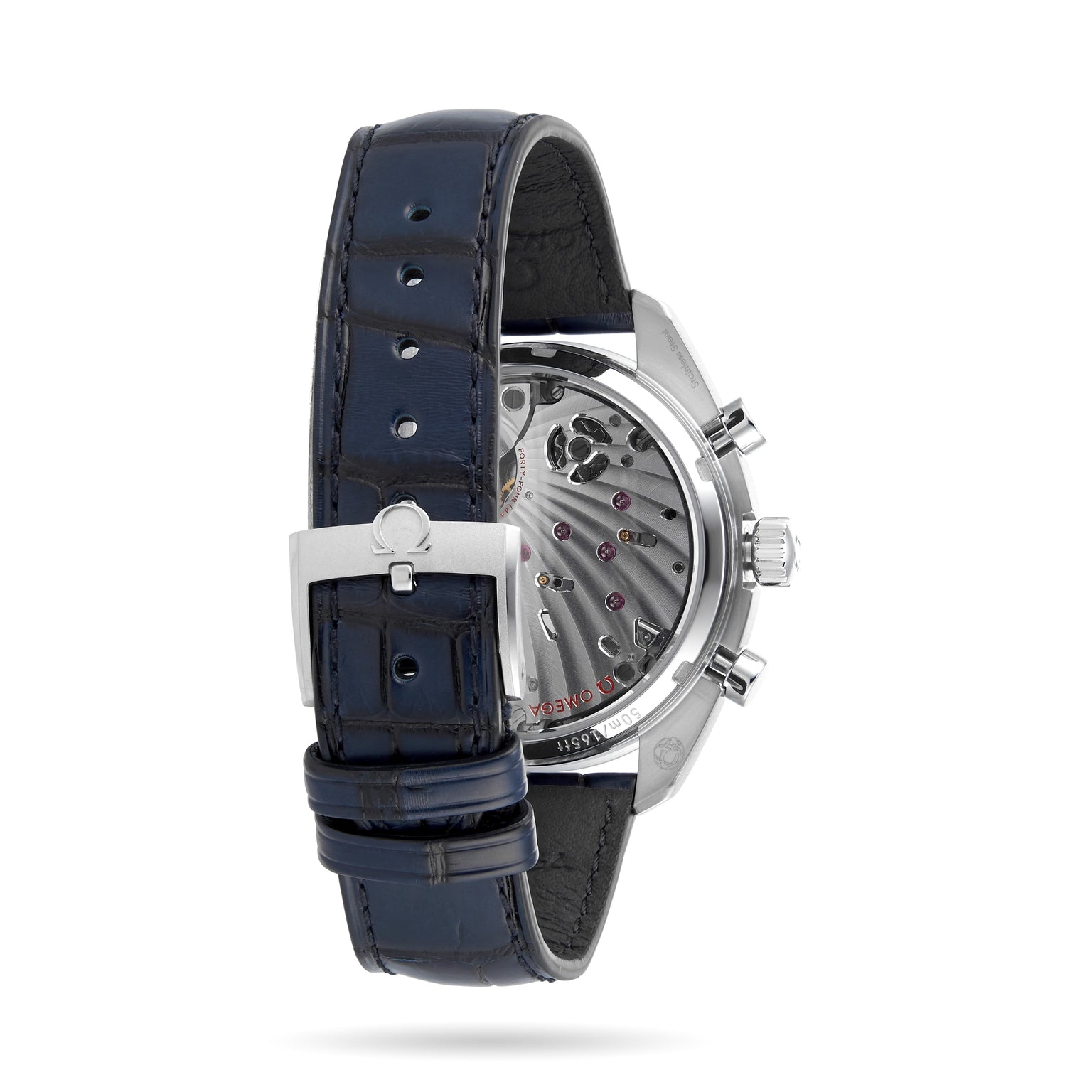 The OMEGA Speedmaster Chronoscope is a silver wristwatch with a transparent back showing its mechanical movement, complemented by a dark blue leather strap, silver buckle, and subtle 1940s-inspired design details.