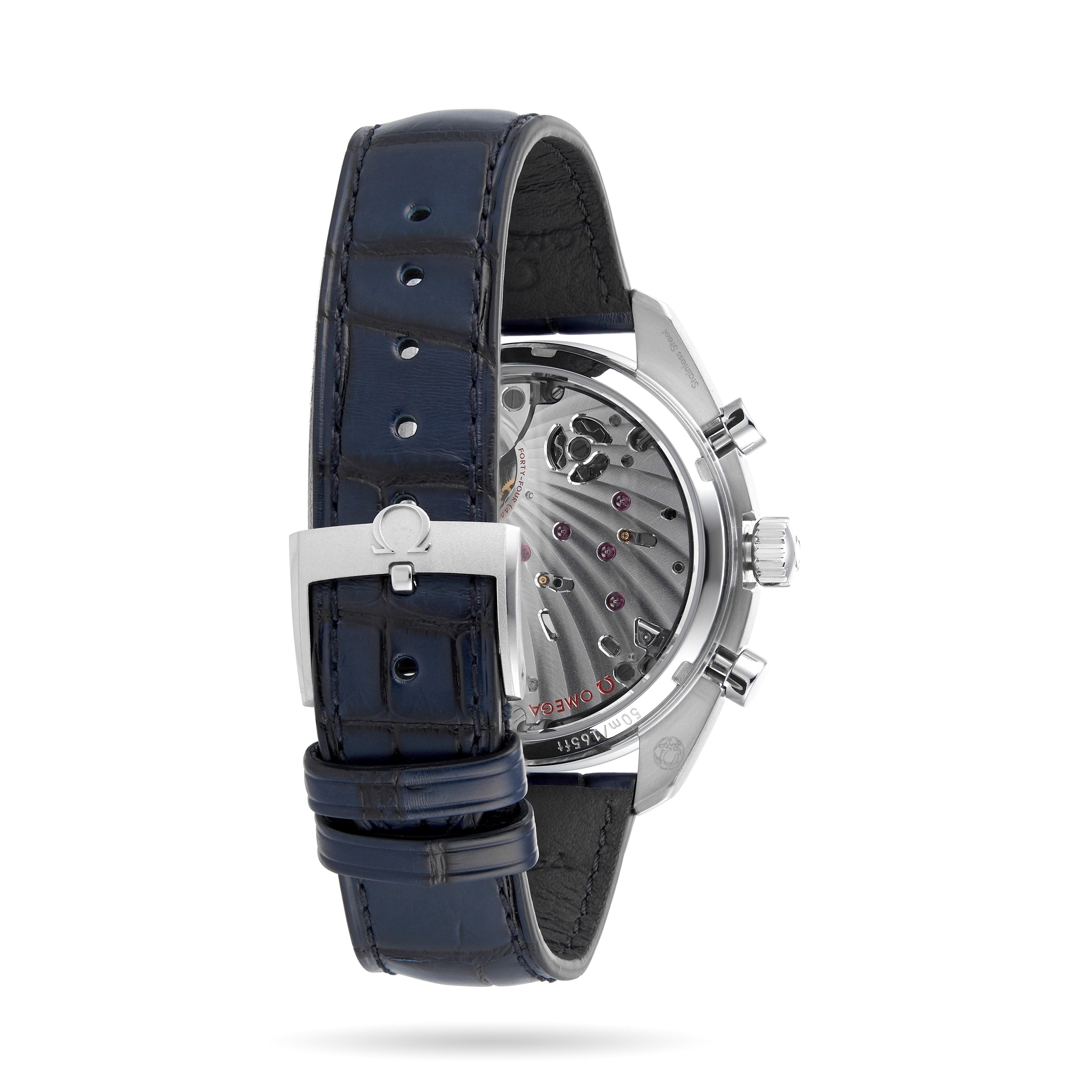 The OMEGA Speedmaster Chronoscope is a silver wristwatch with a transparent back showing its mechanical movement, complemented by a dark blue leather strap, silver buckle, and subtle 1940s-inspired design details.