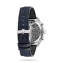 The OMEGA Speedmaster Chronoscope is a silver wristwatch with a transparent back showing its mechanical movement, complemented by a dark blue leather strap, silver buckle, and subtle 1940s-inspired design details.