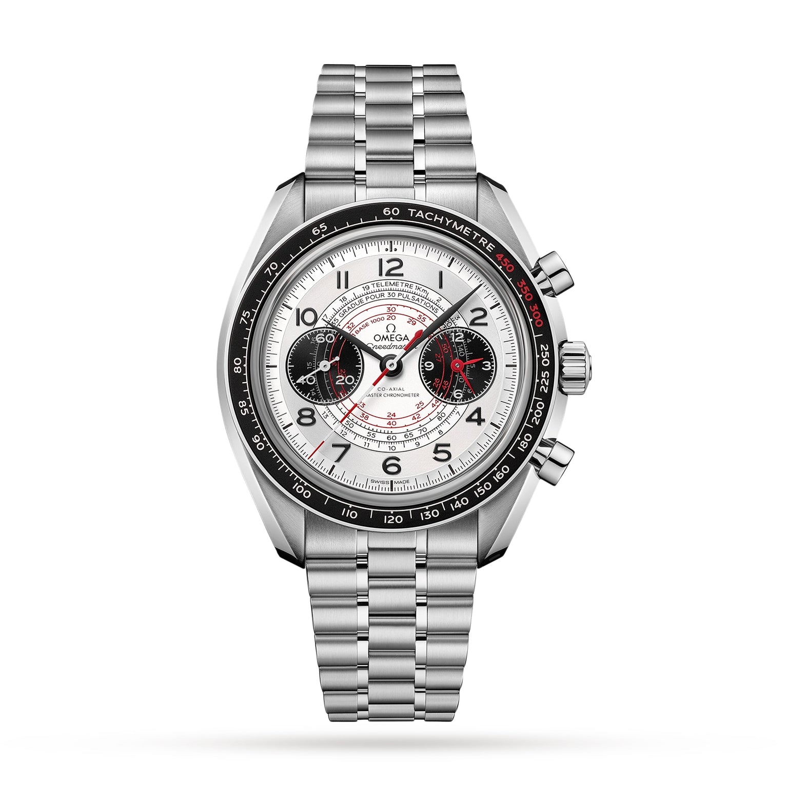 An OMEGA Speedmaster Chronoscope wristwatch featuring a stainless steel case, white dial with black and red chronograph subdials, tachymeter bezel, and metal link bracelet.