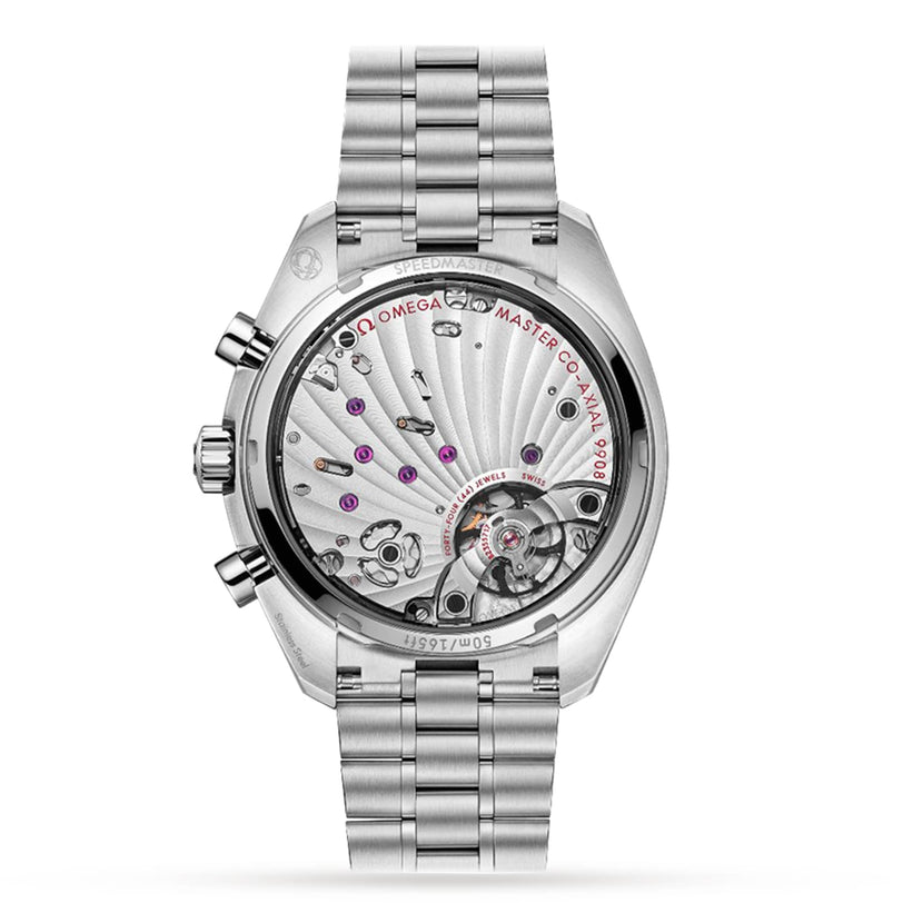 Back view of the OMEGA Speedmaster Chronoscope revealing its detailed mechanical movement through a transparent case back.