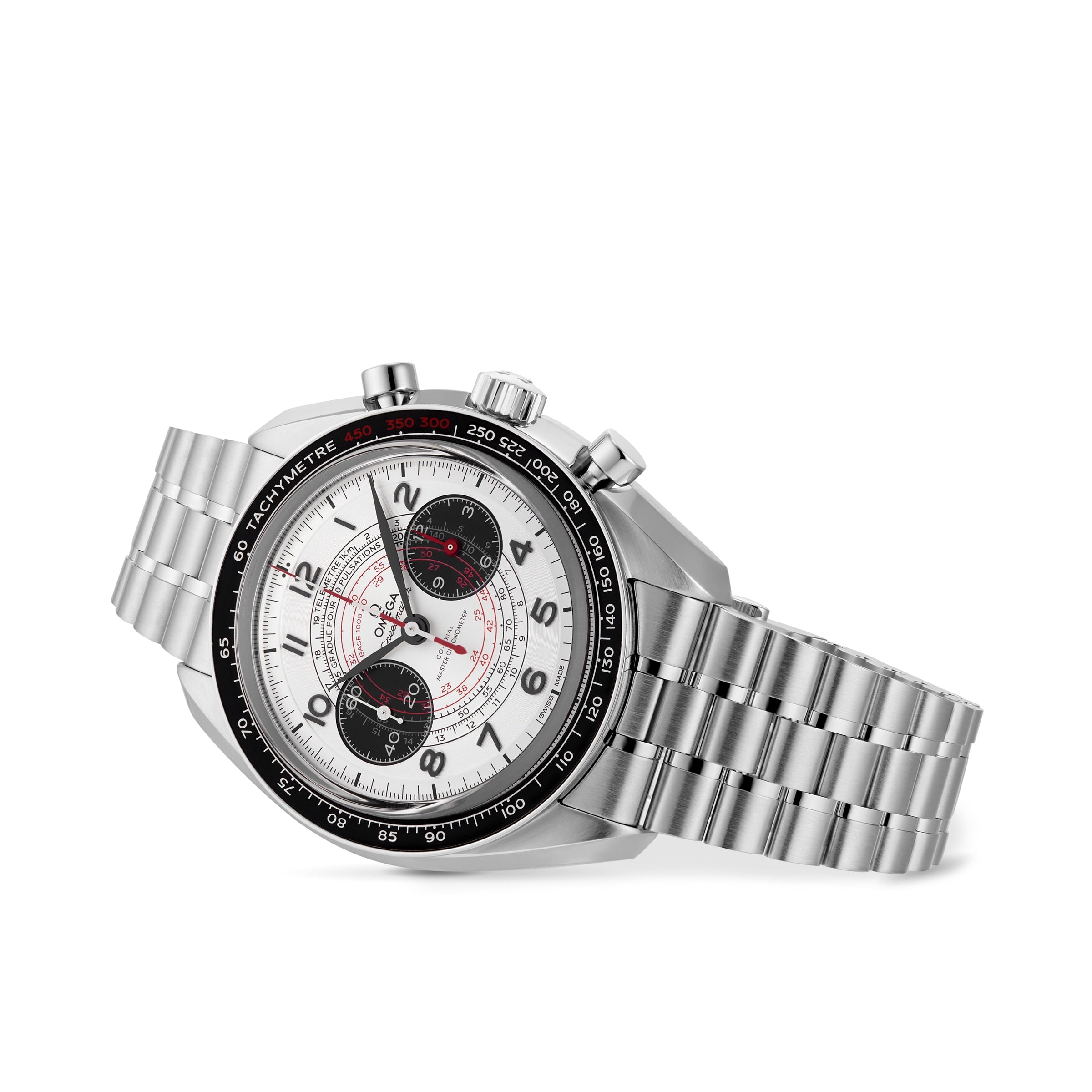 An OMEGA Speedmaster Chronoscope stainless steel chronograph wristwatch with a white dial, black bezels, two subdials, and a metal link bracelet, photographed on a white background.