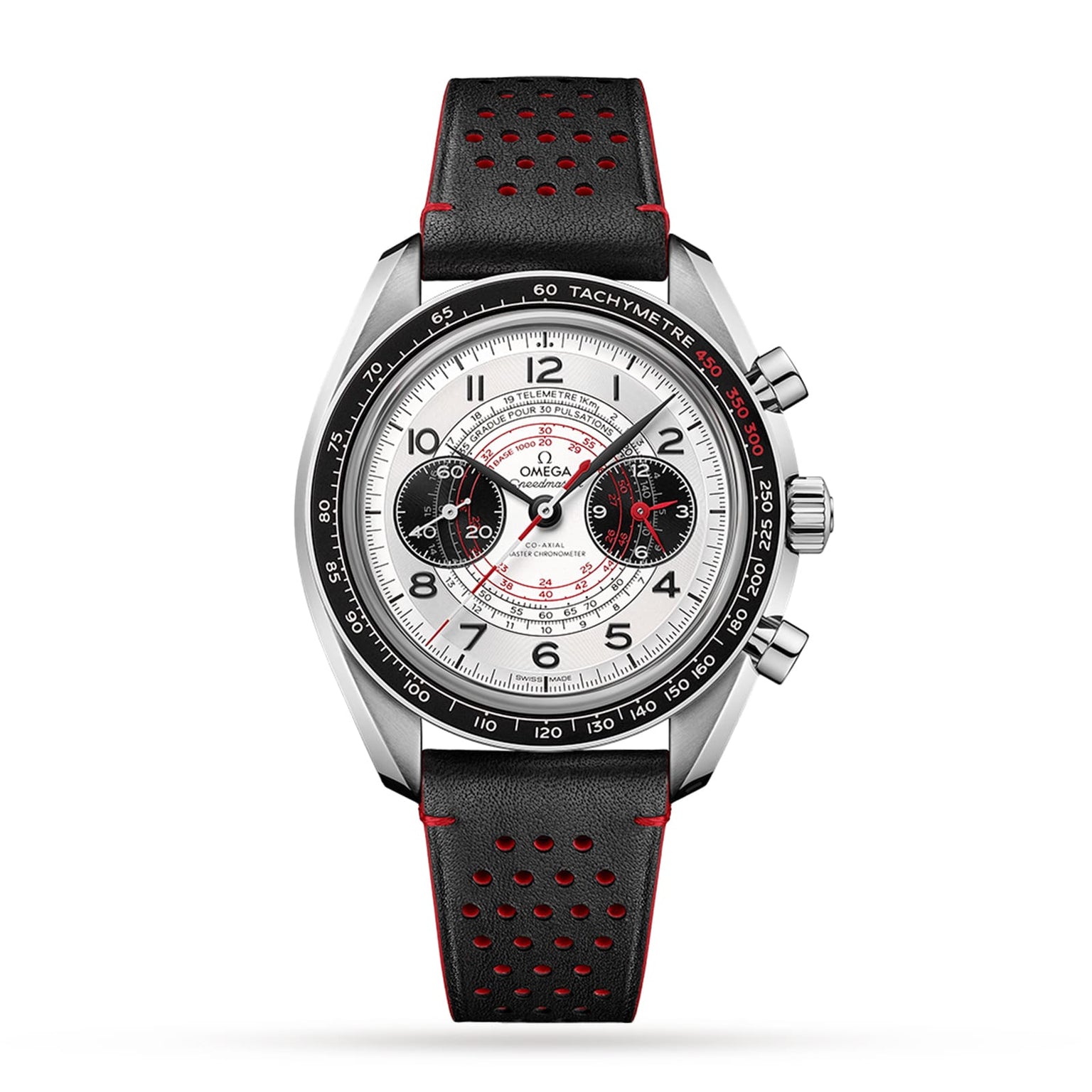 The OMEGA Speedmaster Chronoscope is a 43mm stainless steel chronograph featuring a white dial with black subdials, tachymeter bezel, and a black perforated strap with red accents.