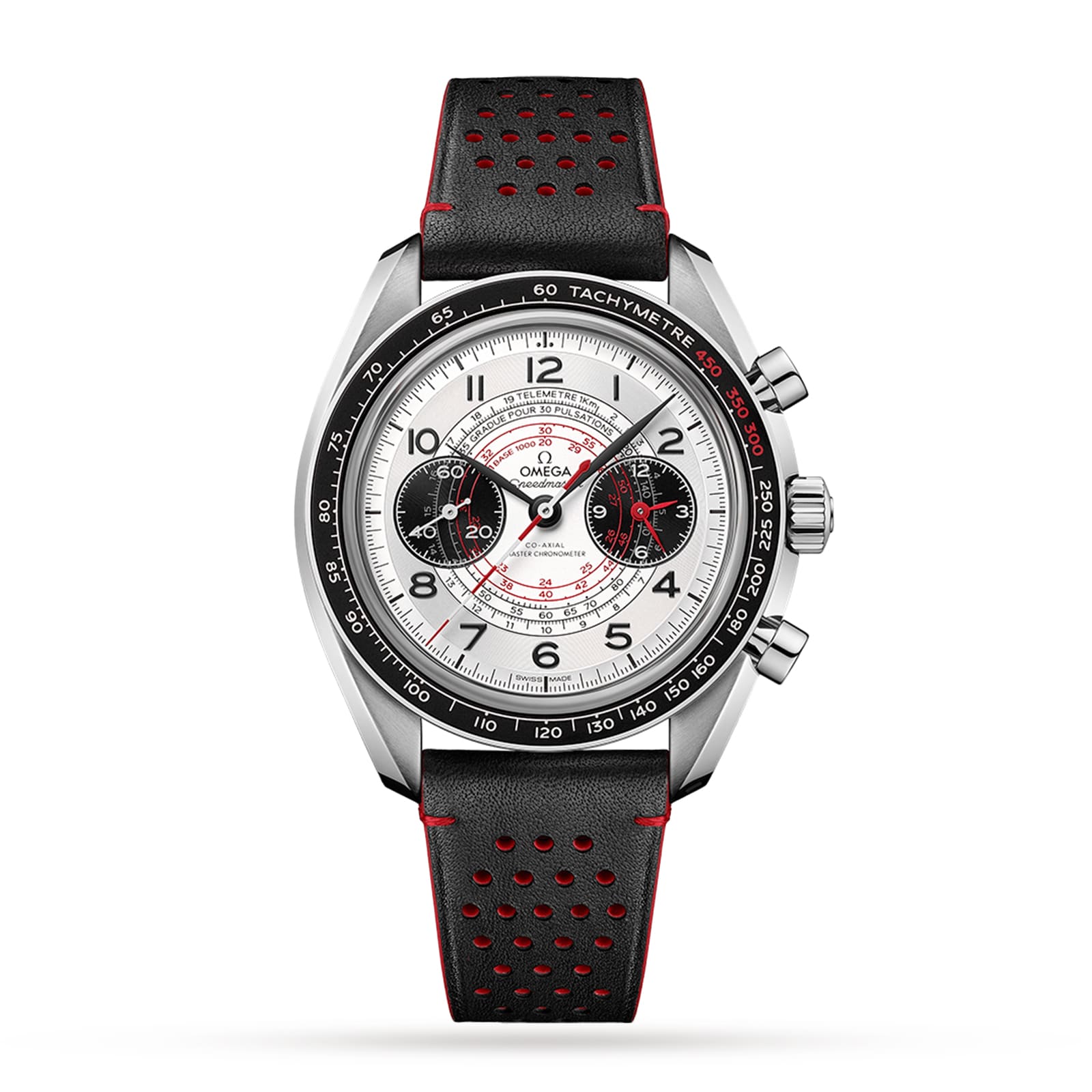 The OMEGA Speedmaster Chronoscope is a 43mm stainless steel chronograph featuring a white dial with black subdials, tachymeter bezel, and a black perforated strap with red accents.