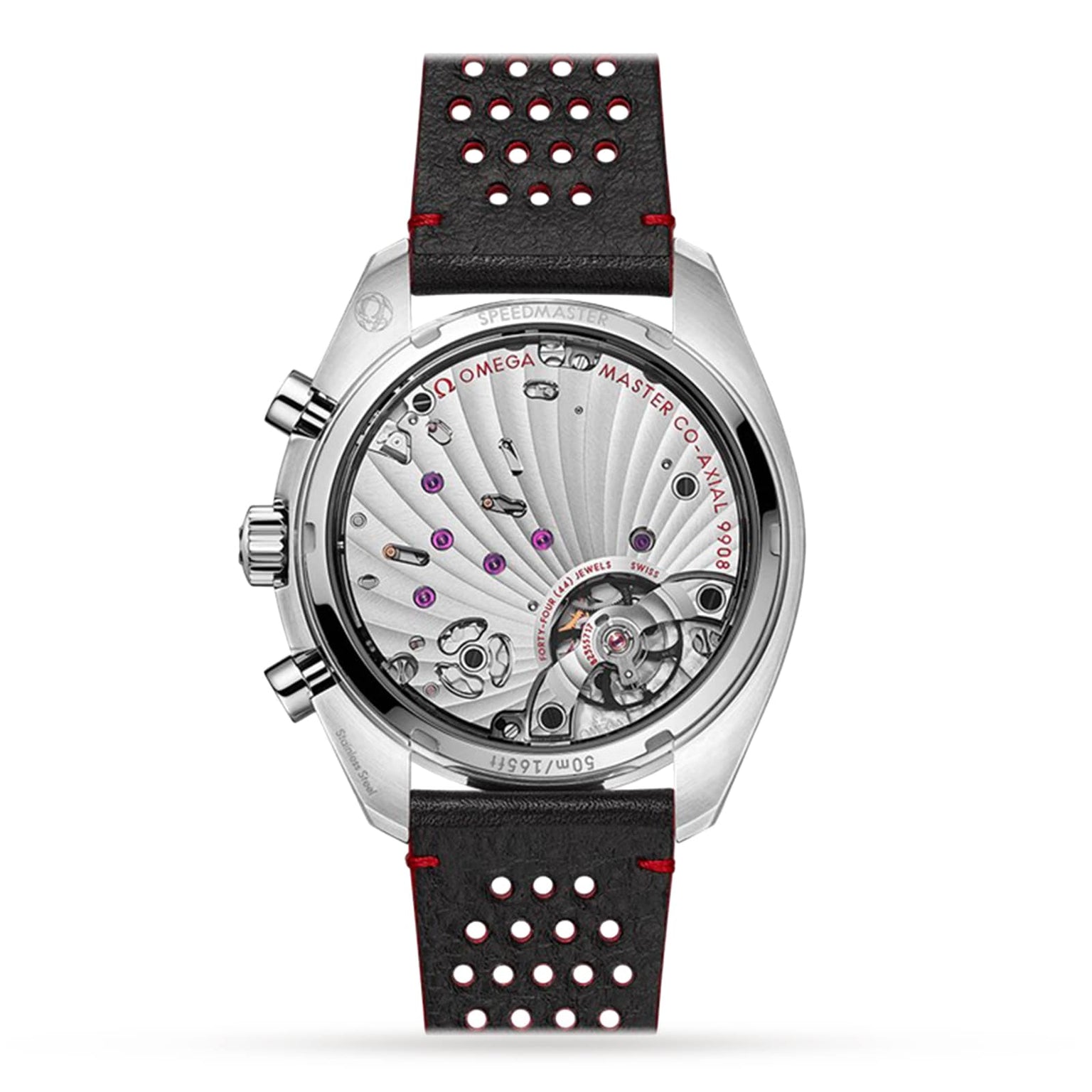 Back view of the OMEGA Speedmaster Chronoscope featuring its 43mm stainless steel case, visible mechanical movement through a sapphire crystal caseback, and a black perforated leather strap with red accents.