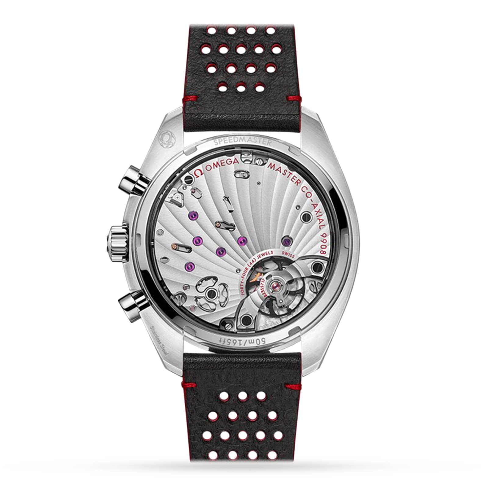 Back view of the OMEGA Speedmaster Chronoscope featuring its 43mm stainless steel case, visible mechanical movement through a sapphire crystal caseback, and a black perforated leather strap with red accents.