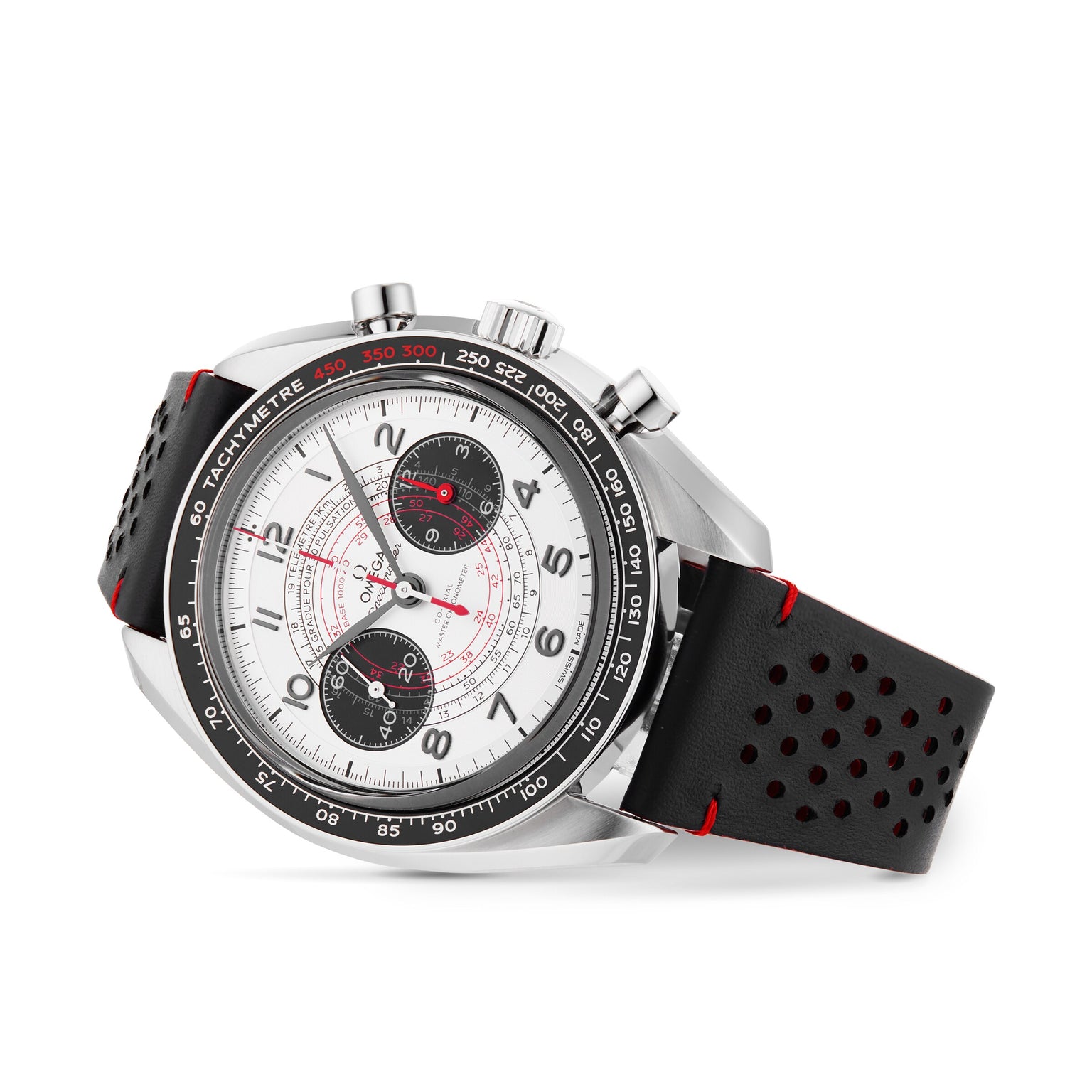 The OMEGA Speedmaster Chronoscope features a 43mm stainless steel case, white dial with black subdials, black perforated strap with red accents, and a tachymeter scale on the bezel.