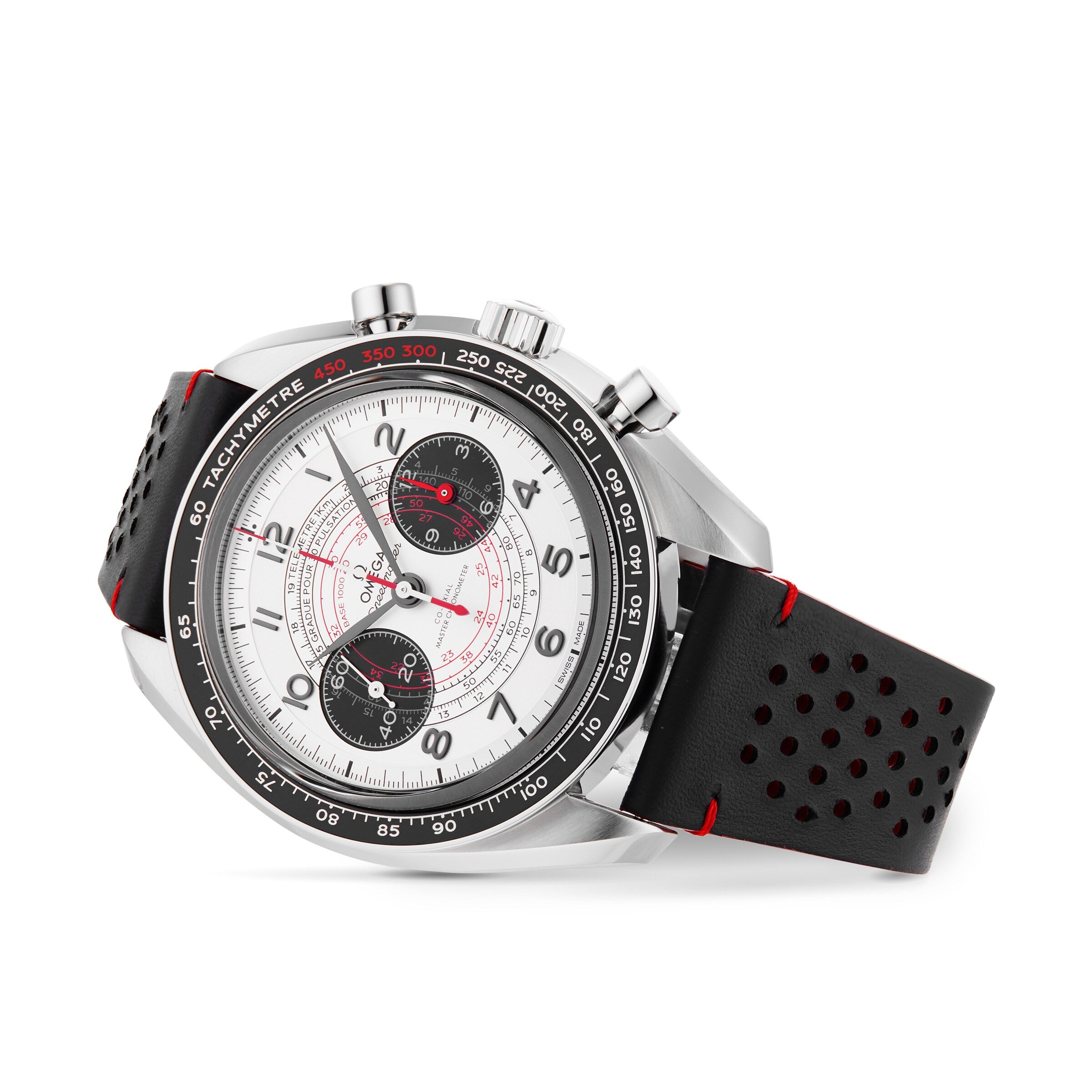 The OMEGA Speedmaster Chronoscope features a 43mm stainless steel case, white dial with black subdials, black perforated strap with red accents, and a tachymeter scale on the bezel.