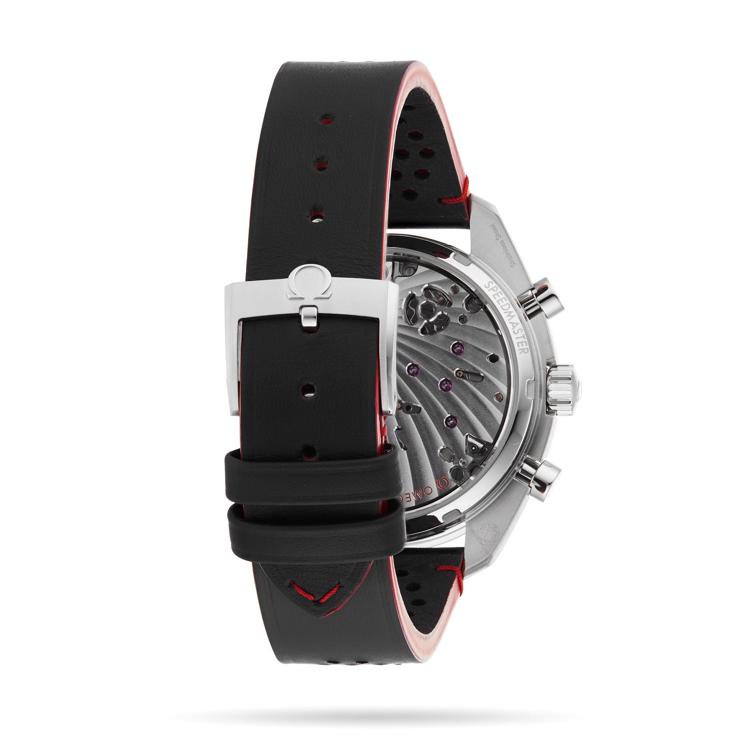 A close-up of the OMEGA Speedmaster Chronoscope highlights its 43mm stainless steel case, black leather strap with red stitching, and exposed chronograph movement visible through a transparent case back.