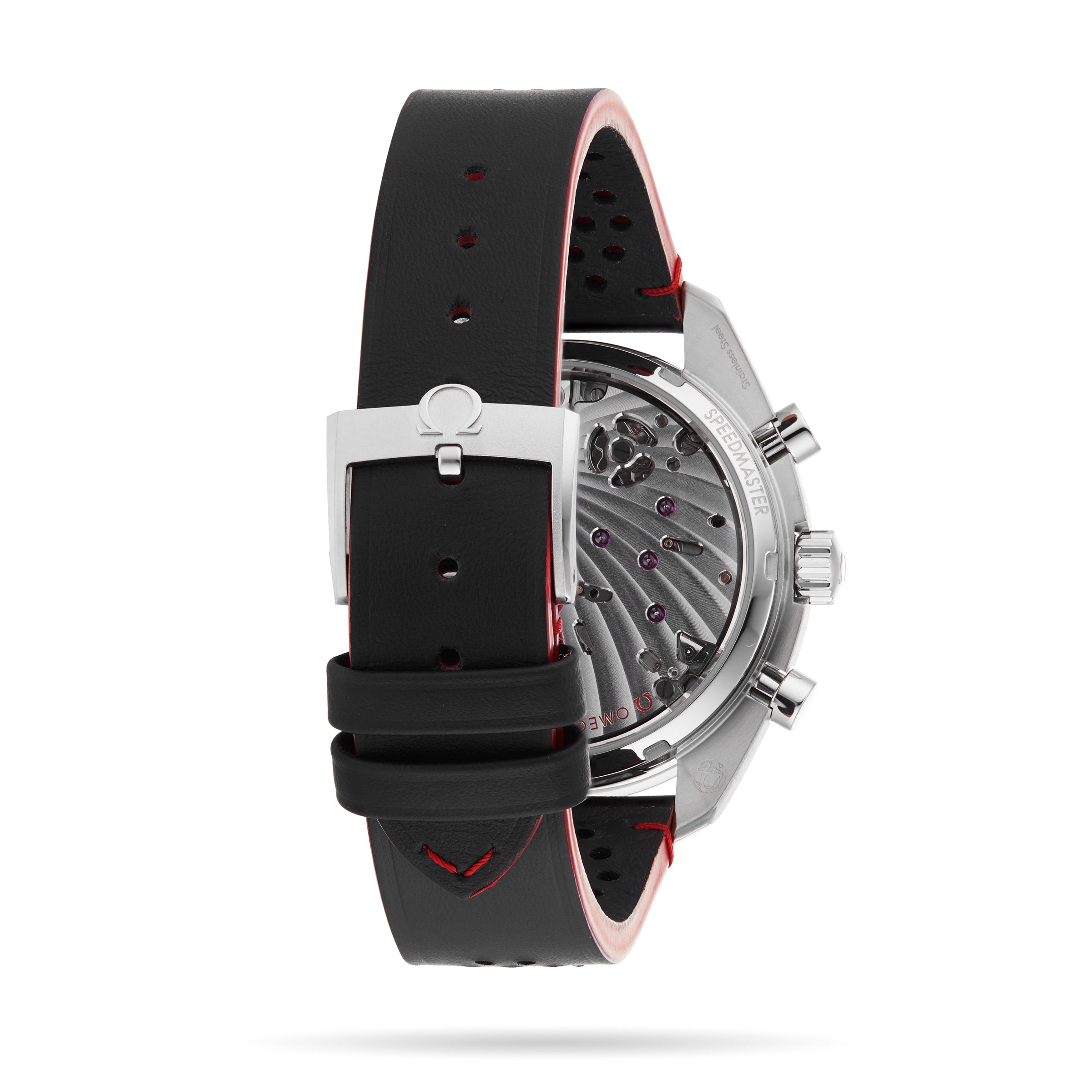 A close-up of the OMEGA Speedmaster Chronoscope highlights its 43mm stainless steel case, black leather strap with red stitching, and exposed chronograph movement visible through a transparent case back.