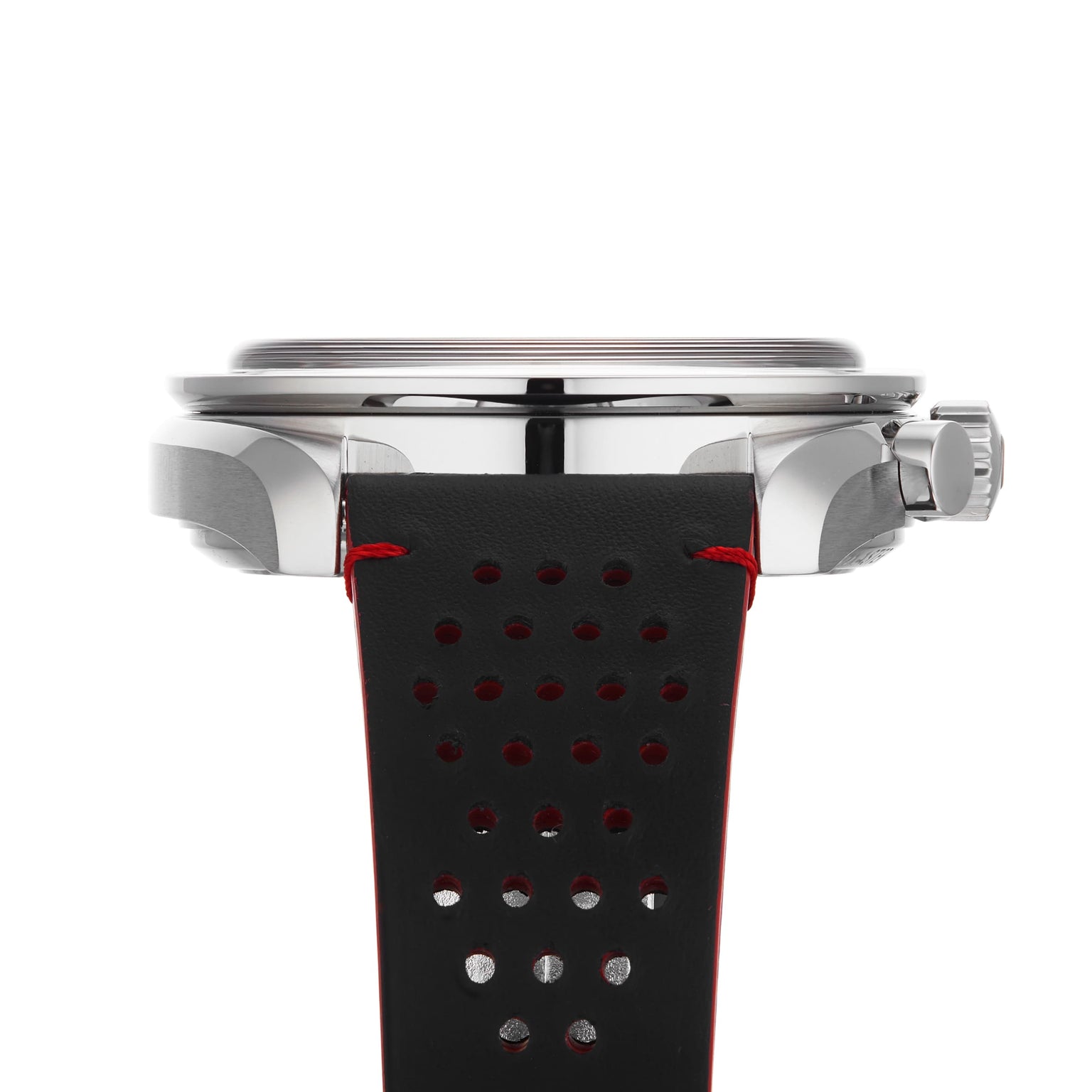 Side view of an OMEGA Speedmaster Chronoscope featuring a 43mm stainless steel case, black perforated leather strap with red stitching, and a ridged crown.