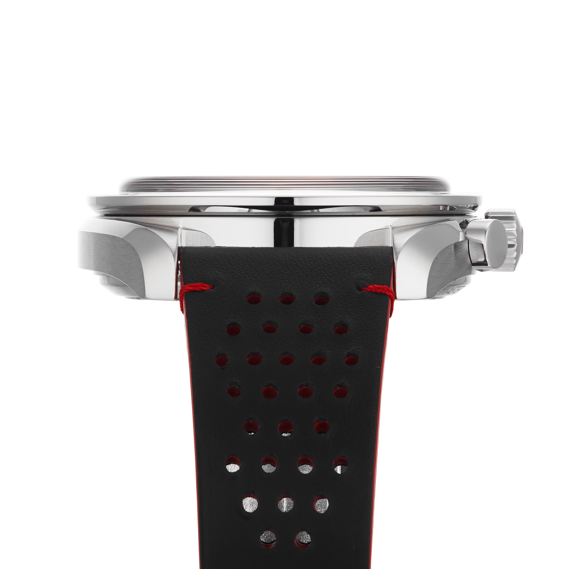 Side view of an OMEGA Speedmaster Chronoscope featuring a 43mm stainless steel case, black perforated leather strap with red stitching, and a ridged crown.