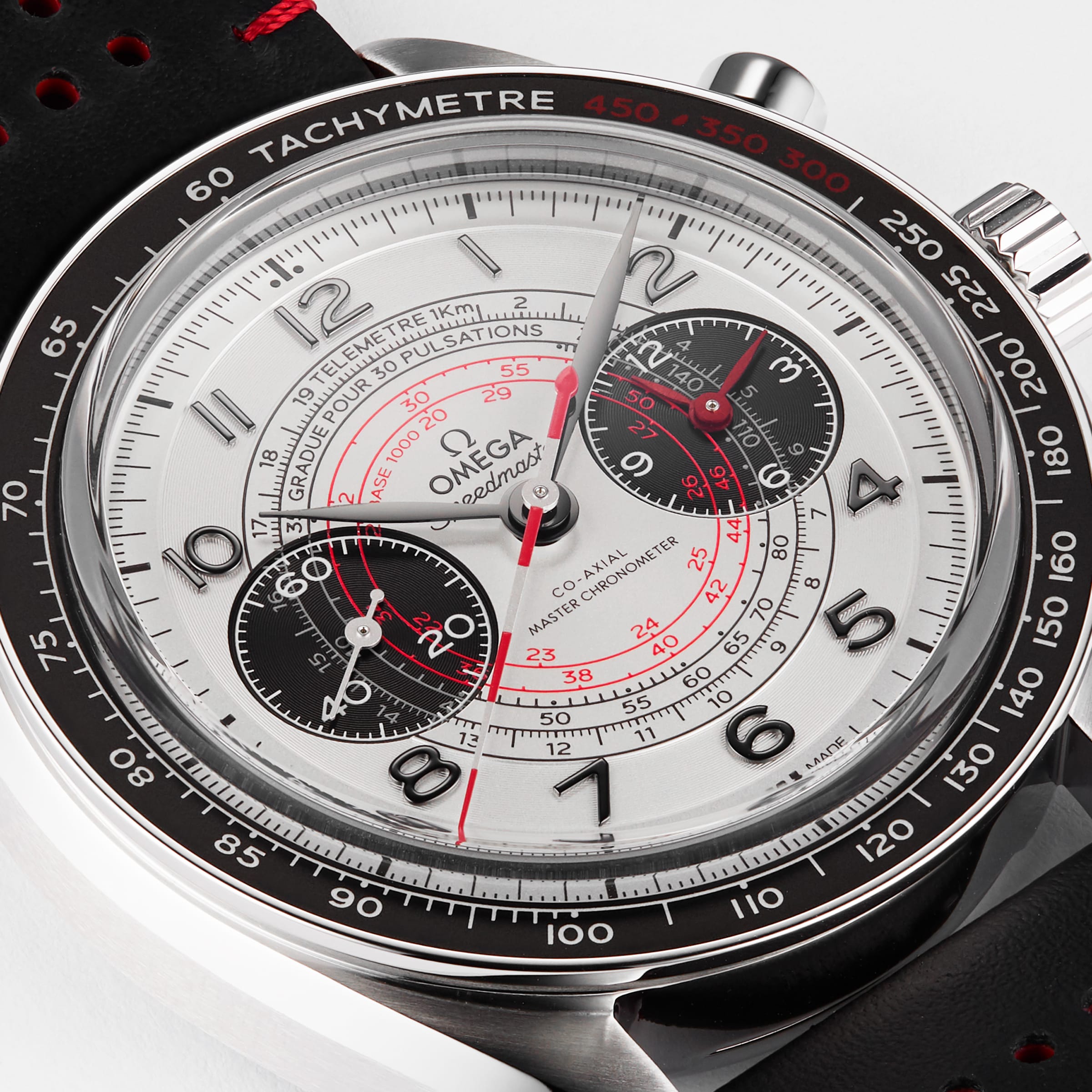Close-up of an OMEGA Speedmaster Chronoscope featuring a silver dial, black tachymeter bezel, three sub-dials with red accents, and a black perforated leather strap in a 43mm stainless steel case.