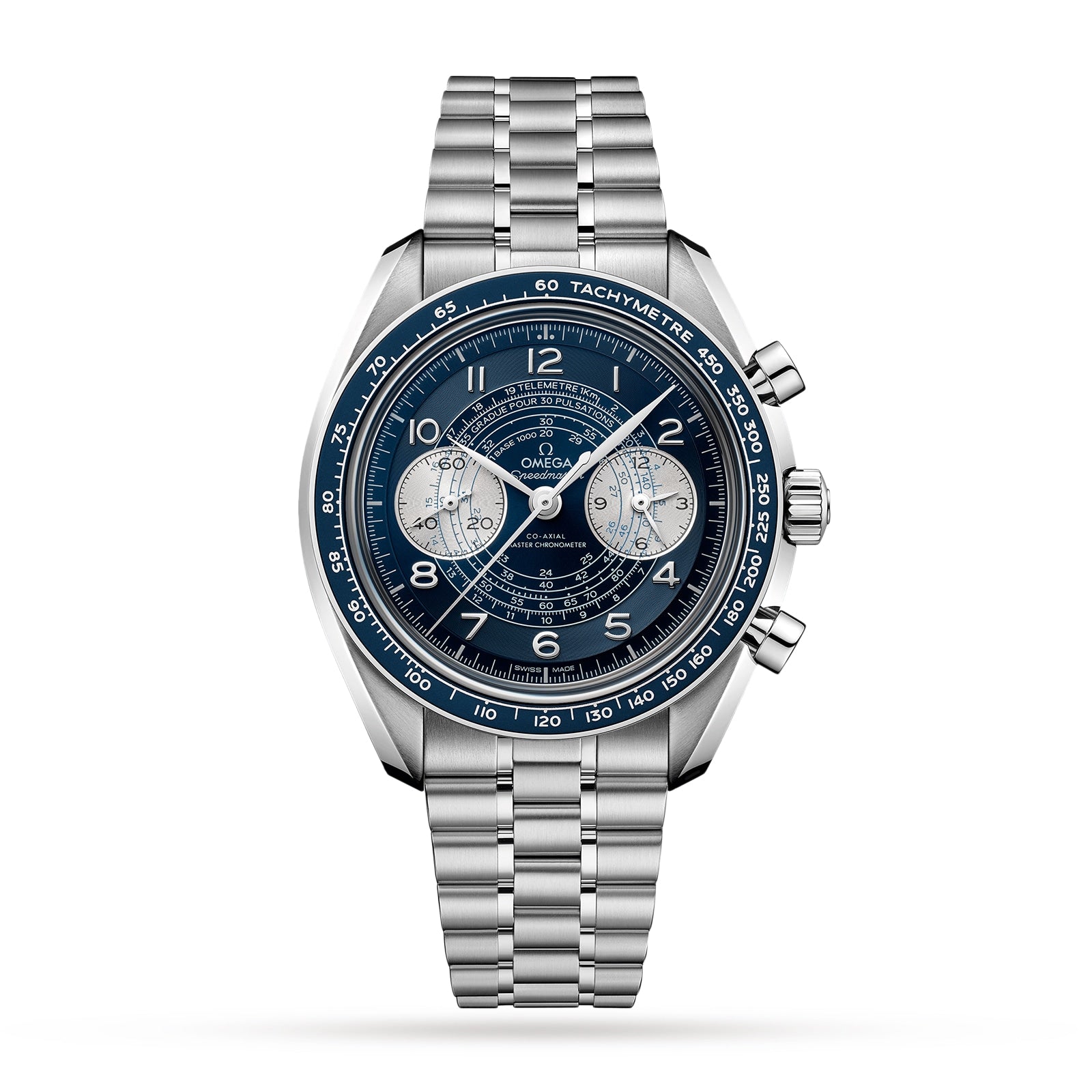 The OMEGA Speedmaster Chronoscope, shown on a white background, is a stainless steel wristwatch with a blue dial, tachymeter bezel, three subdials, metal link bracelet, and precise 9908 calibre movement.