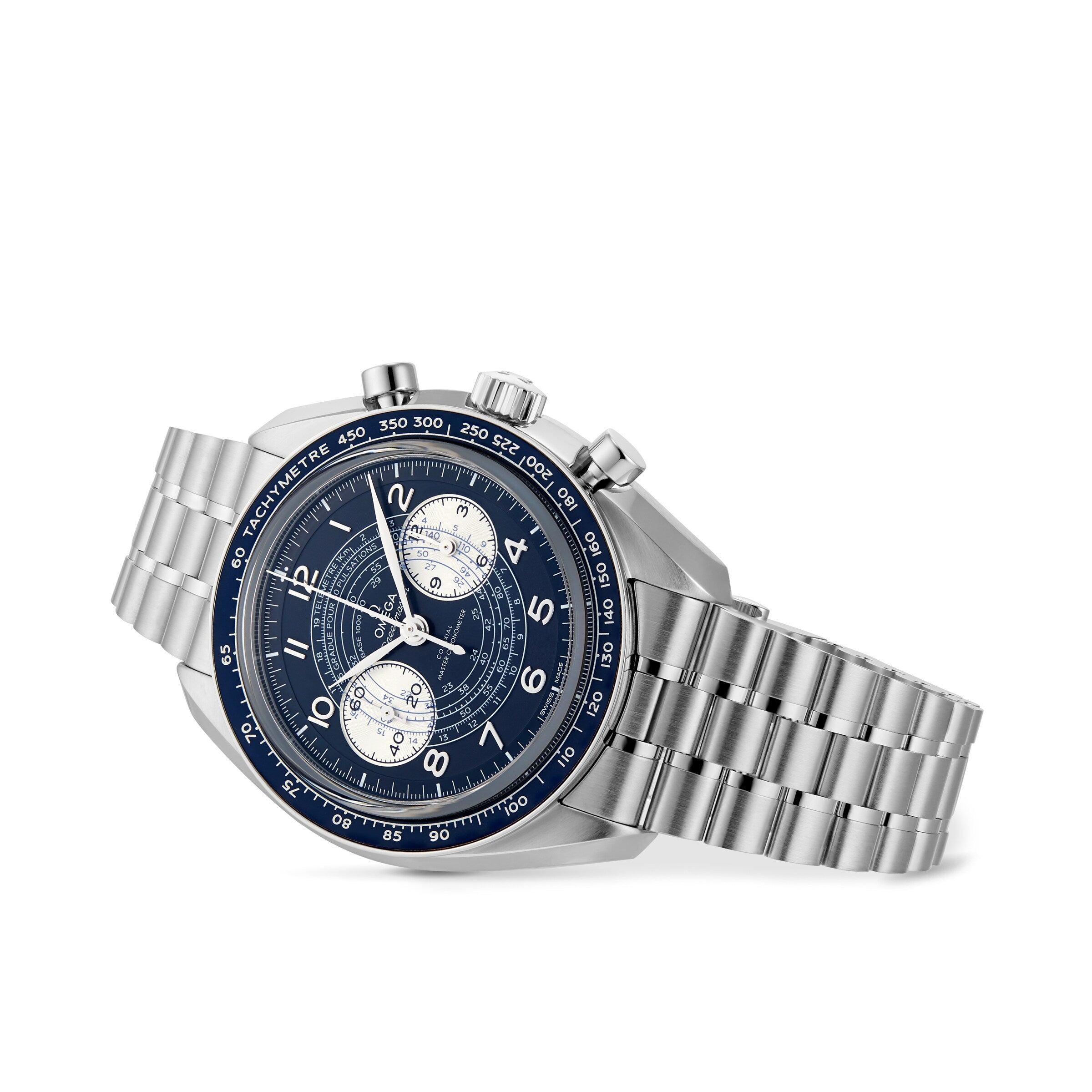 The OMEGA Speedmaster Chronoscope is a stainless steel wristwatch featuring a blue dial, two subdials, and a tachymeter bezel, shown on a metal bracelet against a white background.