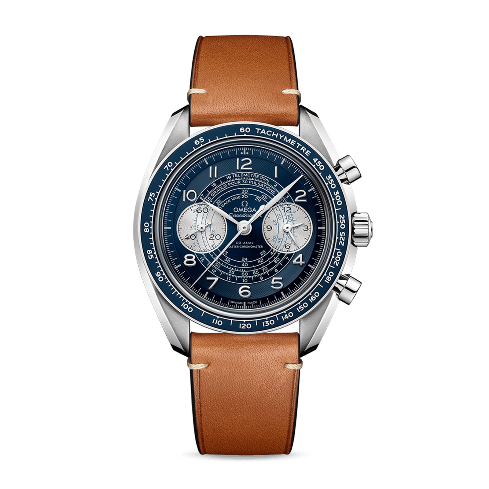 The OMEGA Speedmaster Chronoscope features a blue dial, silver chronograph subdials, tachymeter bezel, brown leather strap, and is powered by the precise 9908 calibre movement, celebrating Speedmaster heritage.