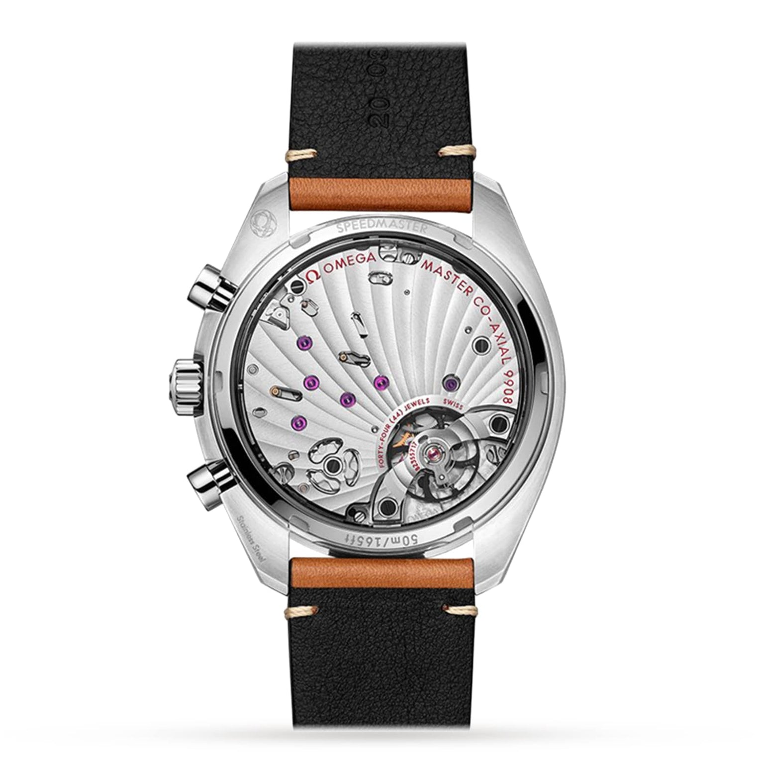 Back view of the OMEGA Speedmaster Chronoscope features the 9908 calibre, black and brown leather strap, and case back with SPEEDMASTER, MASTER CO-AXIAL, and 9908 engravings—emphasizing its iconic heritage.
