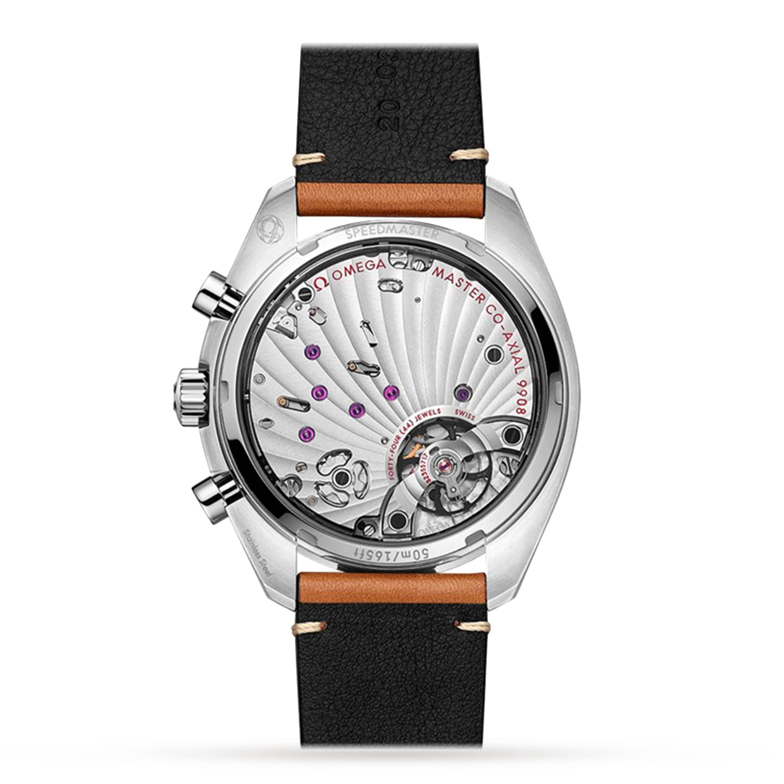 Back view of the OMEGA Speedmaster Chronoscope features the 9908 calibre, black and brown leather strap, and case back with SPEEDMASTER, MASTER CO-AXIAL, and 9908 engravings—emphasizing its iconic heritage.
