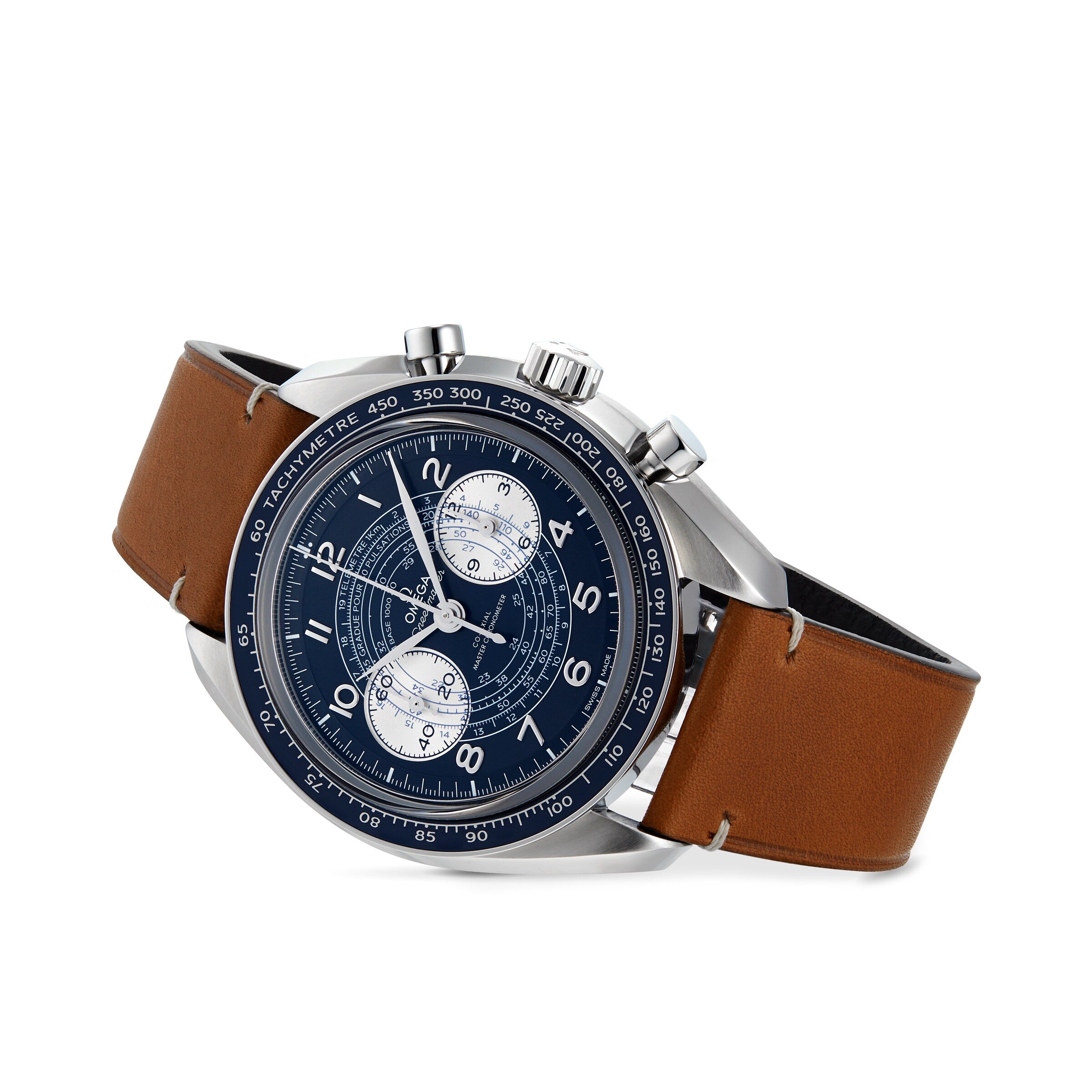The OMEGA Speedmaster Chronoscope is a stainless steel chronograph watch with a blue dial, white markings, two subdials, and a brown leather strap, photographed against a white background.