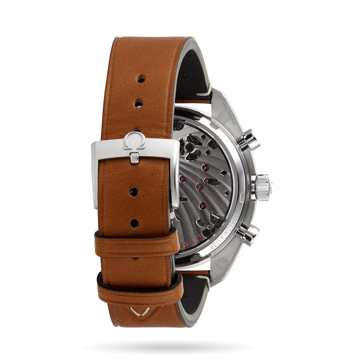 Back view of the OMEGA Speedmaster Chronoscope featuring a brown leather strap, stainless steel case, and transparent case back that reveals the 9908 calibre movement—a refined tribute to Speedmaster heritage.