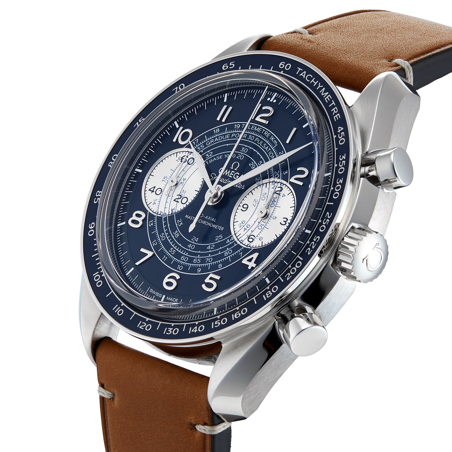 The OMEGA Speedmaster Chronoscope is a stainless steel chronograph wristwatch with a blue dial, white subdials, tachymeter scale, and a brown leather strap inspired by Speedmaster heritage.