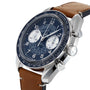 The OMEGA Speedmaster Chronoscope is a stainless steel chronograph wristwatch with a blue dial, white subdials, tachymeter scale, and a brown leather strap inspired by Speedmaster heritage.