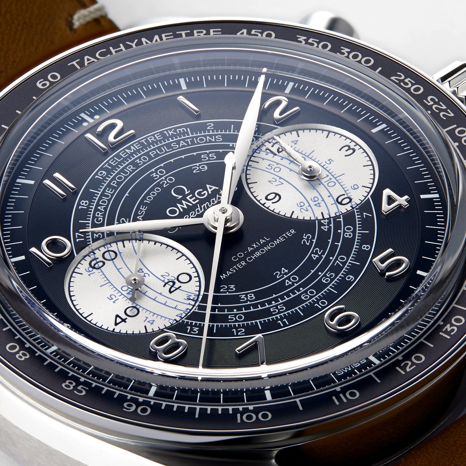 Close-up of the OMEGA Speedmaster Chronoscope, highlighting its heritage, black and white dial with tachymeter, telemeter, pulsometer scales, and dual chronograph subdials.