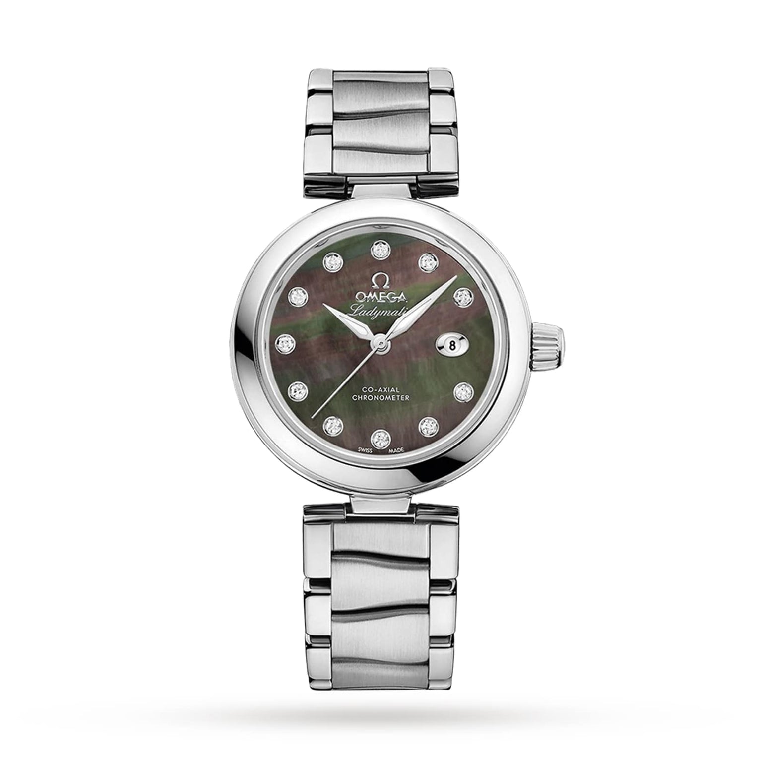 An OMEGA De Ville Ladymatic women’s watch with a silver metal link band, round Tahiti mother-of-pearl dial, and diamond hour markers is displayed on a white background.
