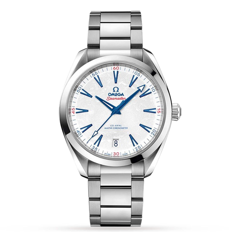 The OMEGA Seamaster Aqua Terra 150M is a stainless steel wristwatch with a white textured dial, blue markers, red accents, a date at 6 o’clock, and the precise 8900 calibre movement.